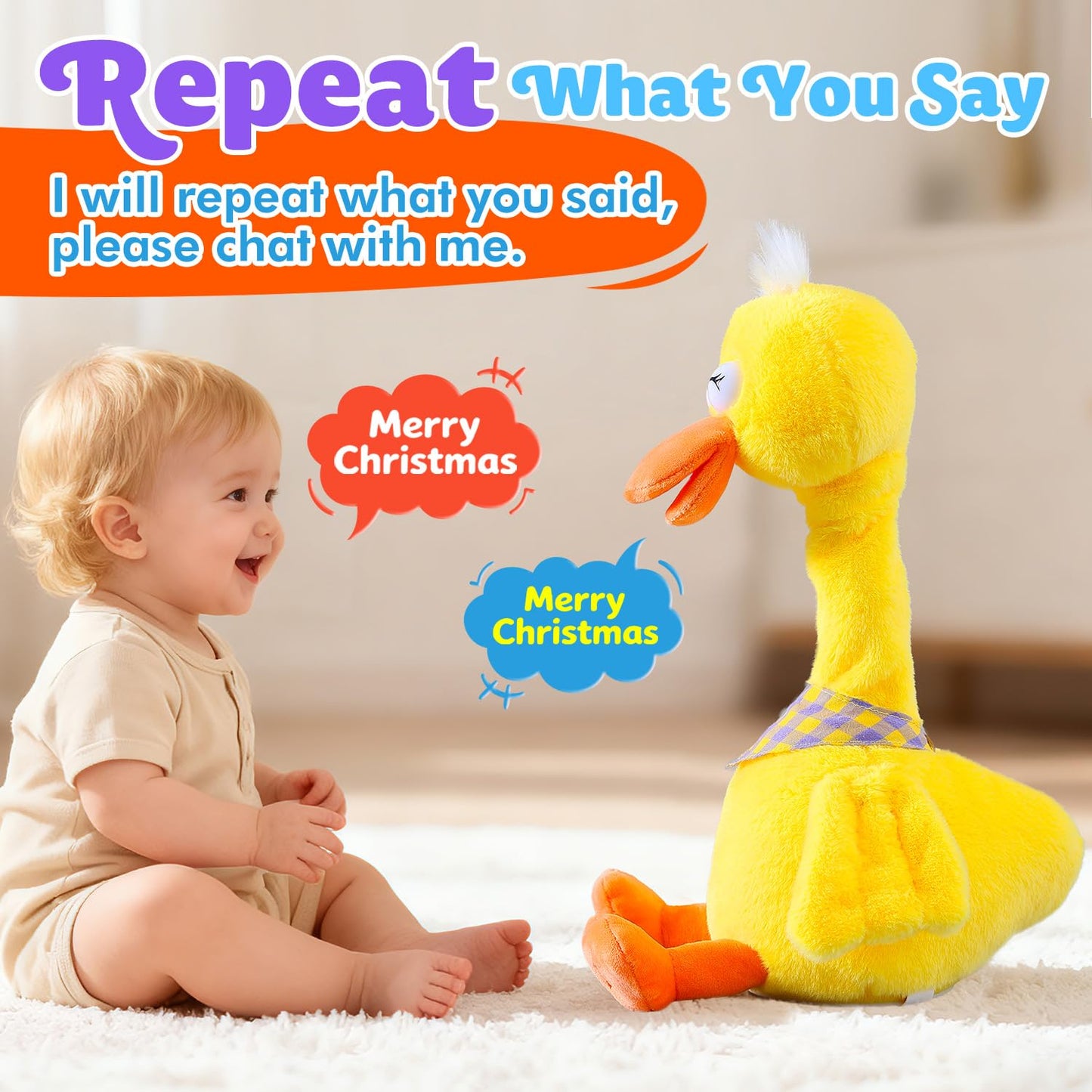 13" Talking Dancing Duck, Repeating What You Say Mimicking Recording Plush Baby Toy Musical English Songs Singing Talking Glowing Animated Twisting Gifts of Lighting Up Funny Toys for Boys Kids