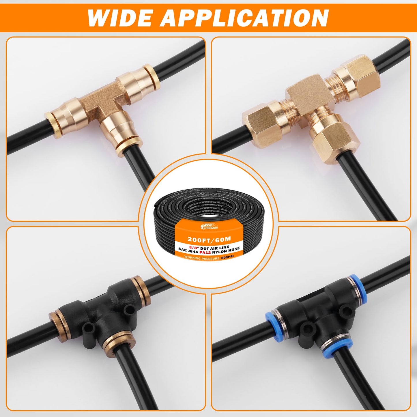 CheeMuii 200 FT 3/8 Pneumatic Tubing 3/8" DOT Air Line SAE J844 PA12 Nylon DOT Air Hose 61 Meter 3/8 Inch OD Pneumatic Air Tubing Pipe Hose Line