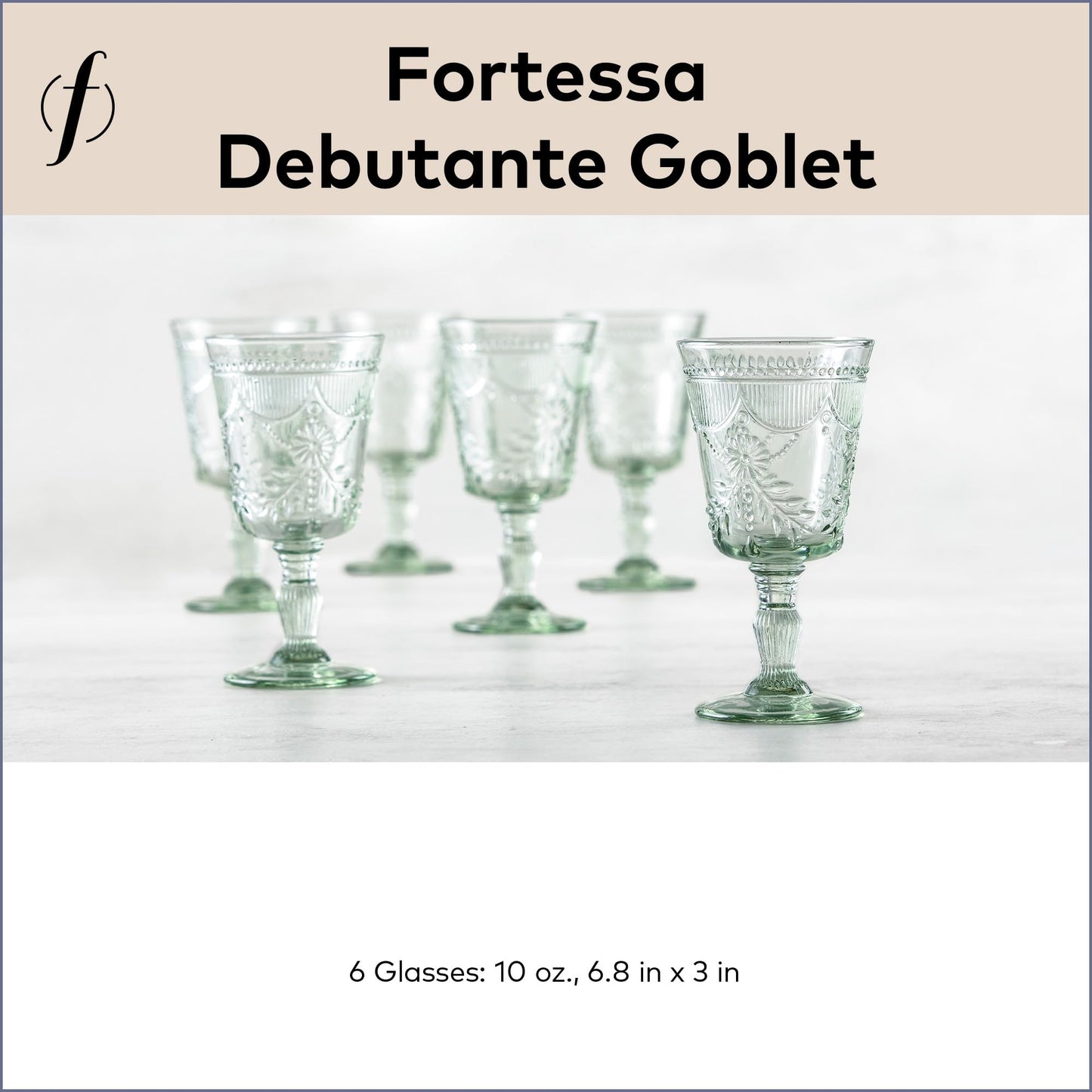 FORTESSA Debutante Vintage Themed Glassware, 10 Ounce Water Goblets (Set of 6), Dishwasher-Safe Water Glasses, Sage Green