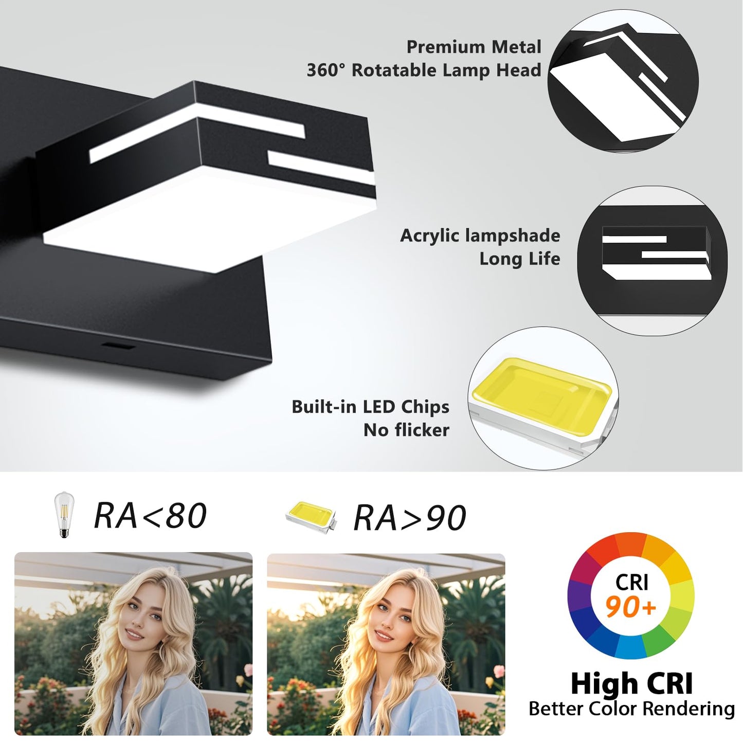 LKHF LED Modern Bathroom Vanity Light Fixtures, Dimmable Matte Black Vanity Lights for Bathroom Lighting Fixtures Over Mirror, with 360° Rotatable Acrylic Heads 4-Light 30-inch (Cool White 6000K)