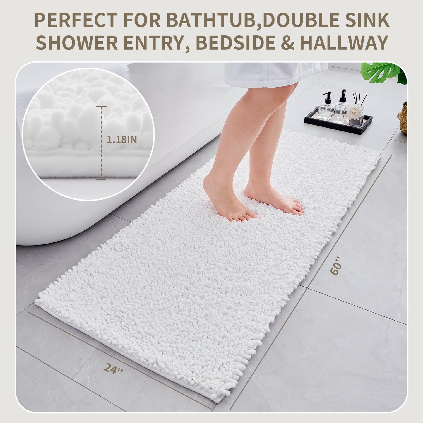 Ruggnovea Bathroom Rugs Non Slip Washable 60x24, Extra Thick Soft Chenille Absorbent Bath Mat, High Density Barrier Non Slip Backing, Quick Dry Plush Shaggy Floor Carpet for Tub&Shower, White
