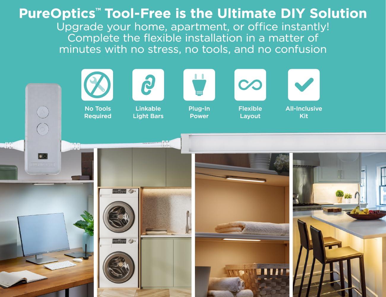 PureOptics LED Under Cabinet Light Kit, Motion Sensor, Dimmable, Linkable, 3 Color Settings, Tool-Free, for Kitchen, Cabinets and Closets, (3) 9" Bars