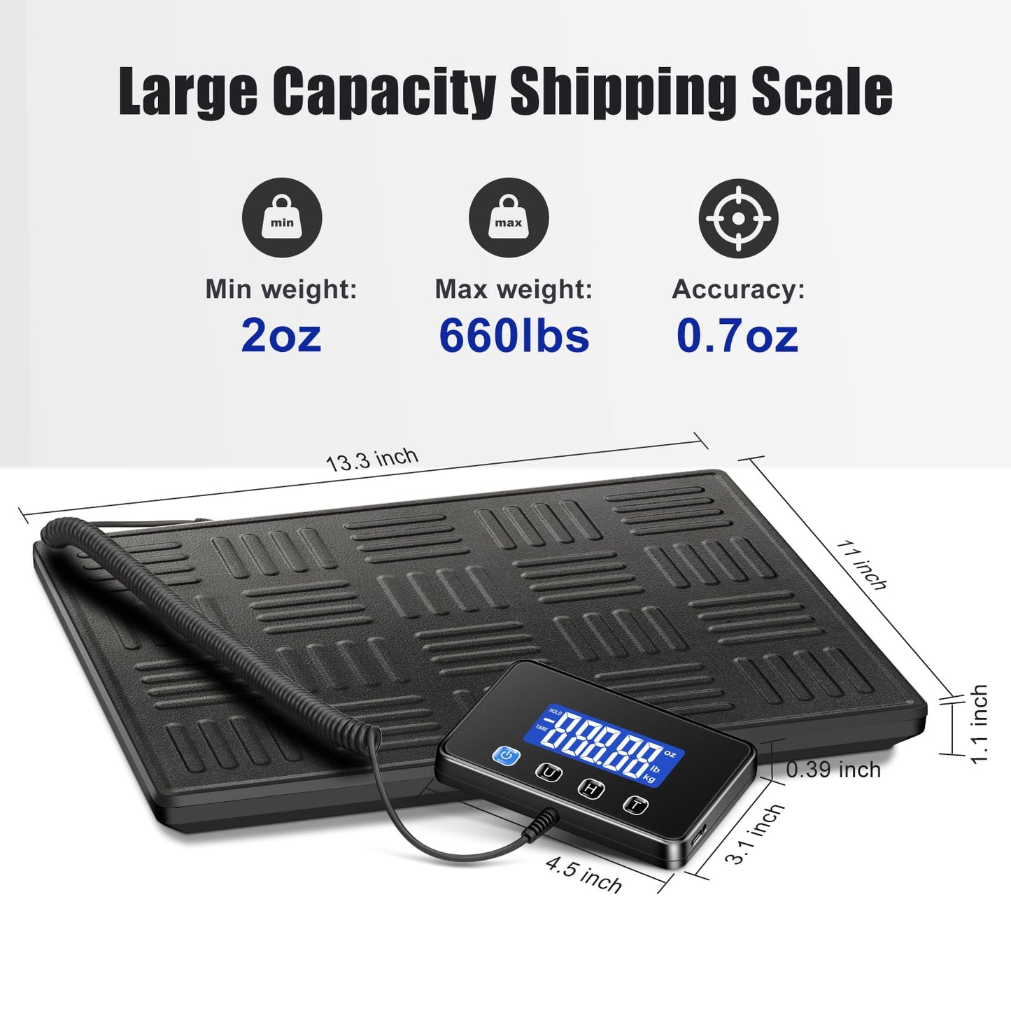 KUAIVO Shipping Scale, 660lbs Heavy Duty Digital Luggage Scale for Packages, 0.35oz High Accurate Postage Scale for Small Business, Warehouse, Home Use, Battery & Charging Cable Include