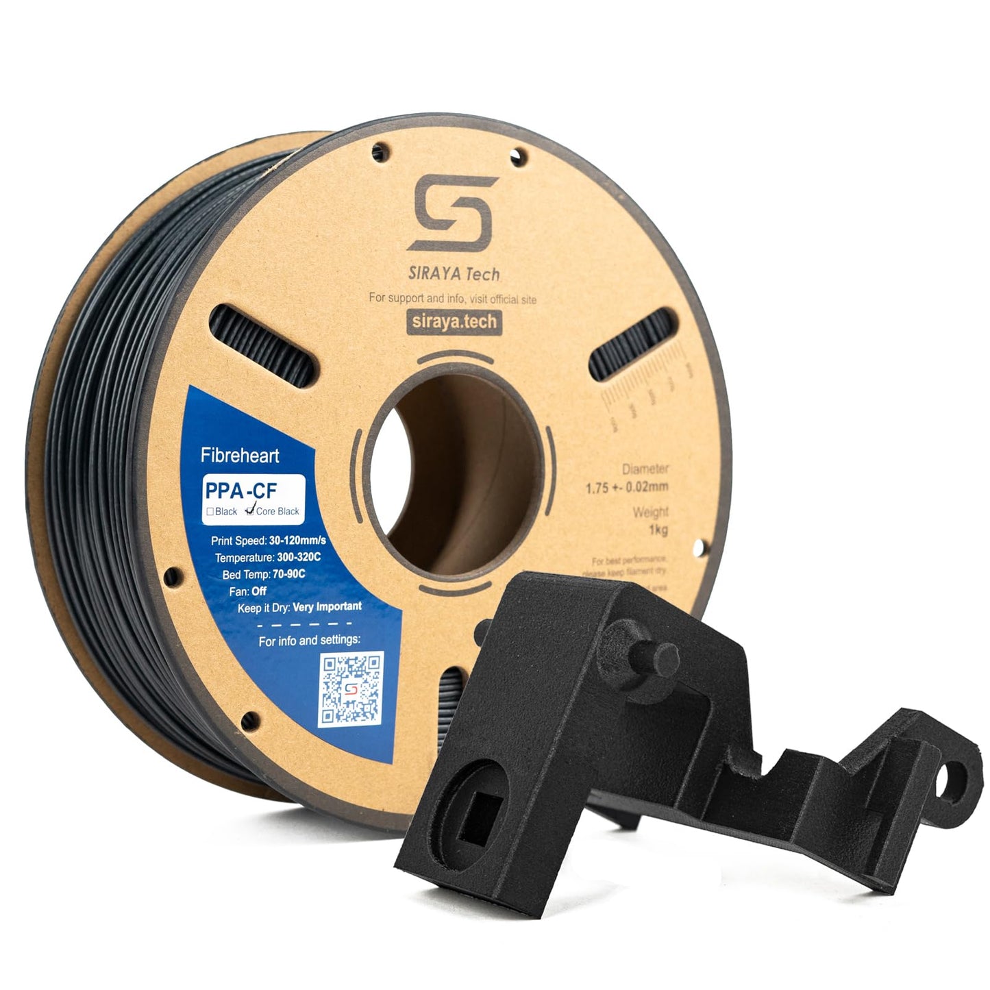 Siraya Tech Fibreheart PPA-CF Core Black 3D Printer Filament - PPA Nylon with 25% Core-Concentrated Carbon Fiber, Ultra-Strong, Heat-Resistant, Low Warpage for Automotive & Industrial Parts (1kg)