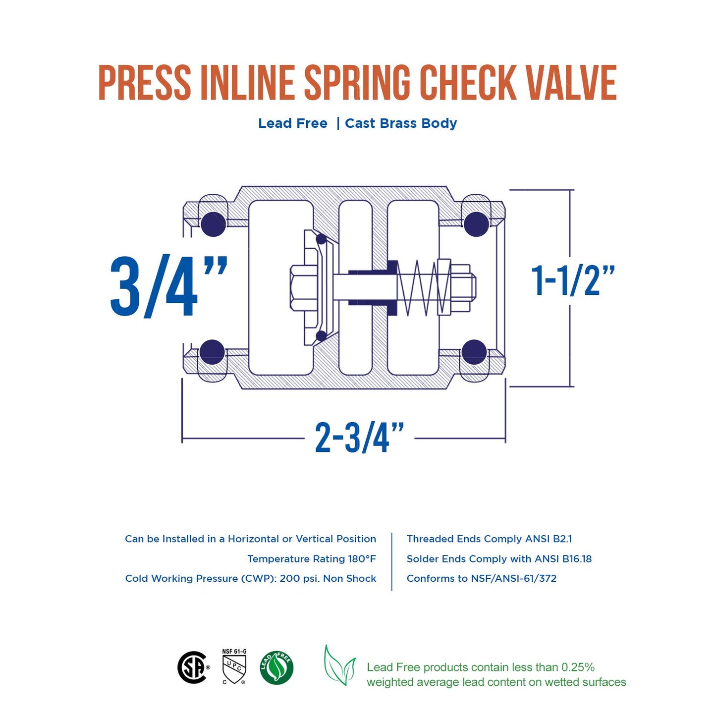 Midline Valve 372S256-5 Inline Spring Loaded Check Valve, Backflow Prevention, 3/4" Press Connections, Cast Brass (5 Pack), 5 Count