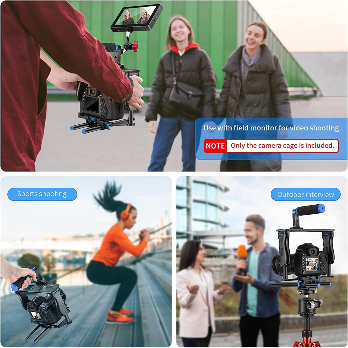 NEEWER Camera Video Cage Film Movie Making Kit, Aluminum Alloy with Top Handle, Dual Hand Grip, Two 15mm Rods, Compatible with Canon Sony Fujifilm Nikon DSLR Camera and Camcorder (Black + Blue)