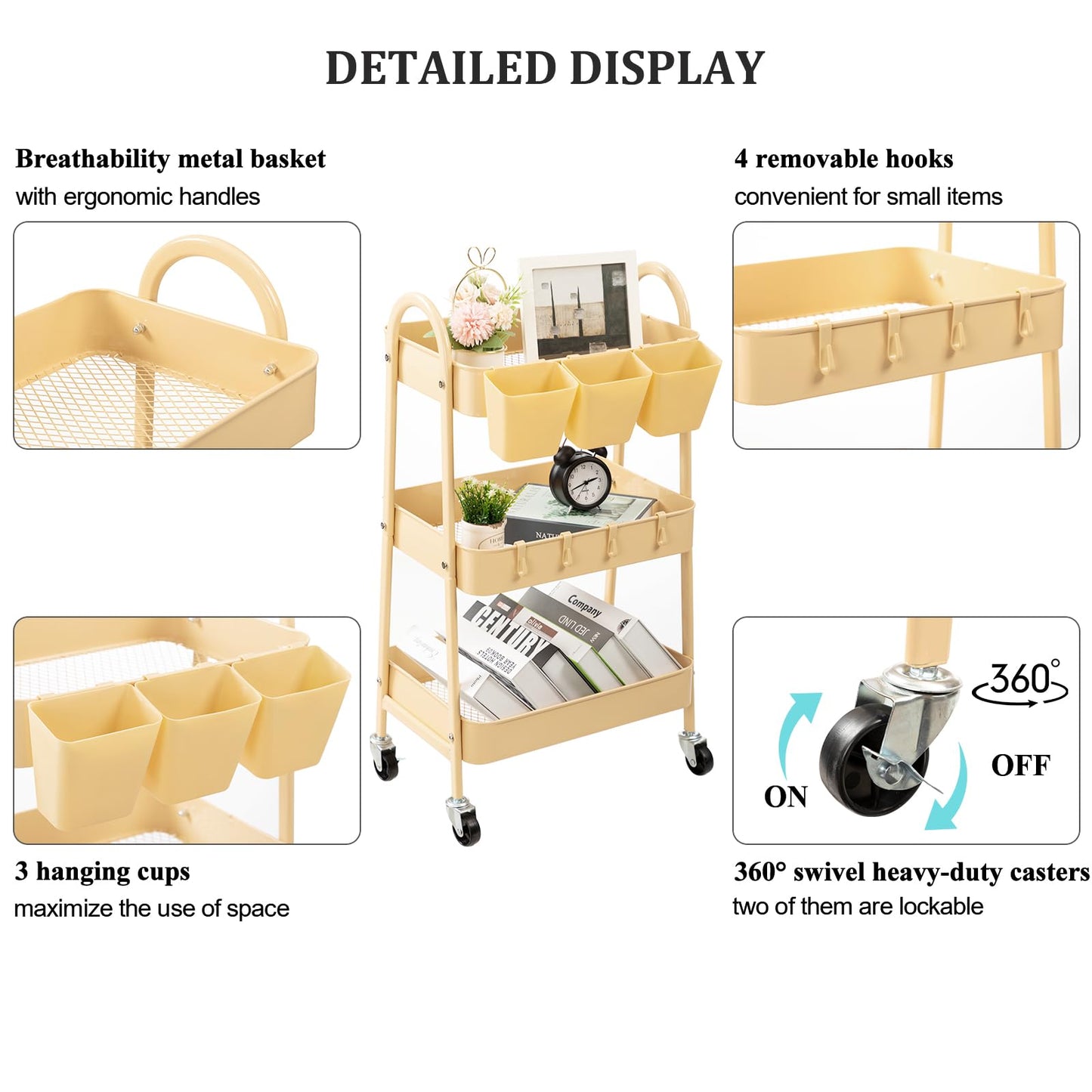 danpinera 3-Tier Rolling Cart, Utility Cart Mobile Metal Rolling Storage Cart with Lockable Wheels & Hanging Cups & Hooks for Kitchen, Bathroom, Office, Workshop, Yellow
