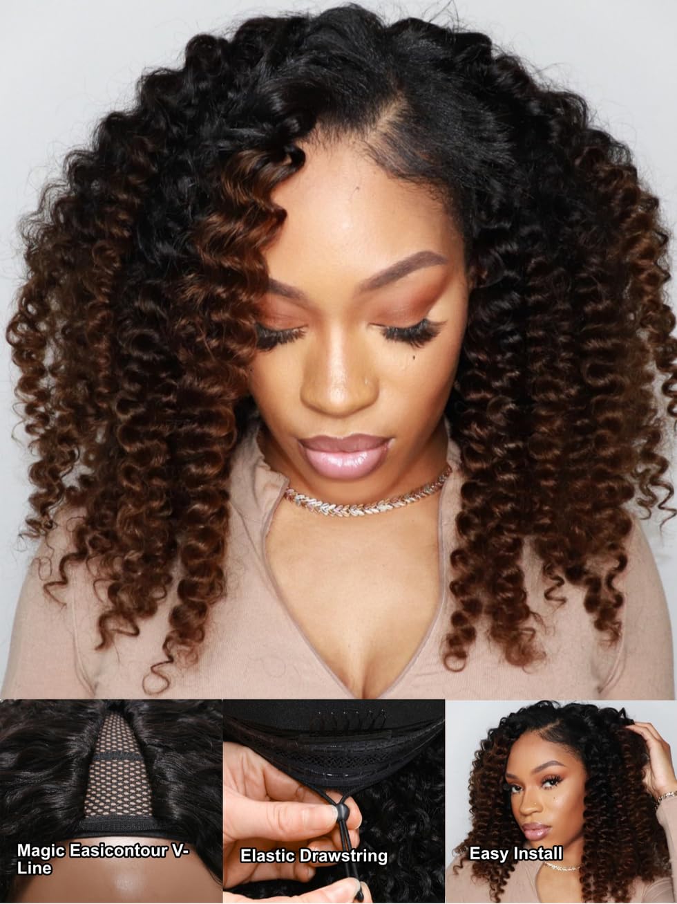 UNICE EasiContour V Part Wigs Human Hair Jerry Curly Ombre Chestnut Brown Glueless Wigs Human Hair Clip in Vpart Wig Minimal Leave Out Upgrade U Part Human Hair Wig Beginner Friendly 14 inch
