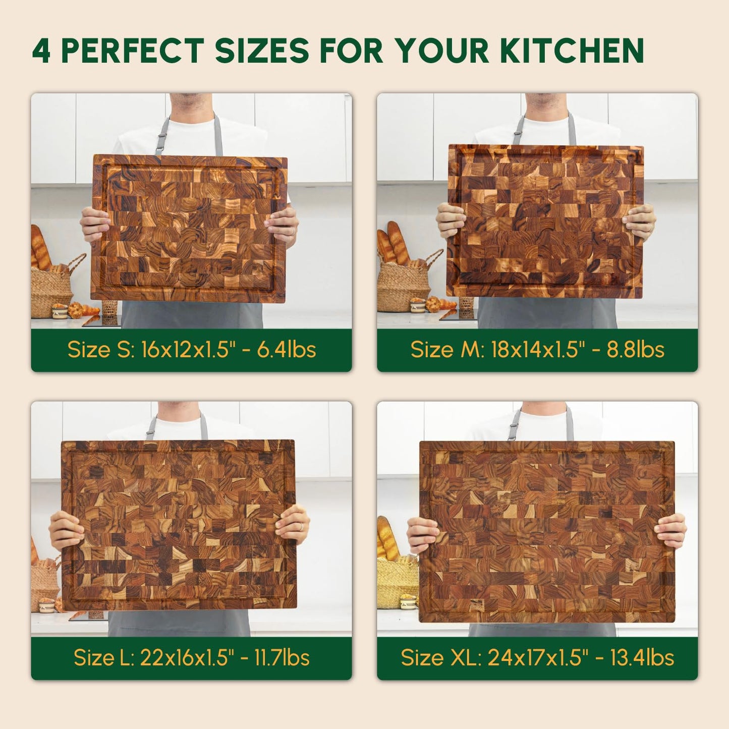 BEEFURNI Teak Wood End Grain Cutting Board (M, 18x14x1.5"), Wooden Cutting Boards for Kitchen with Juice Groove Hand Grip, Durable Serving Board, Charcuterie Boards, Christmas Gifts, 1 Year Warranty