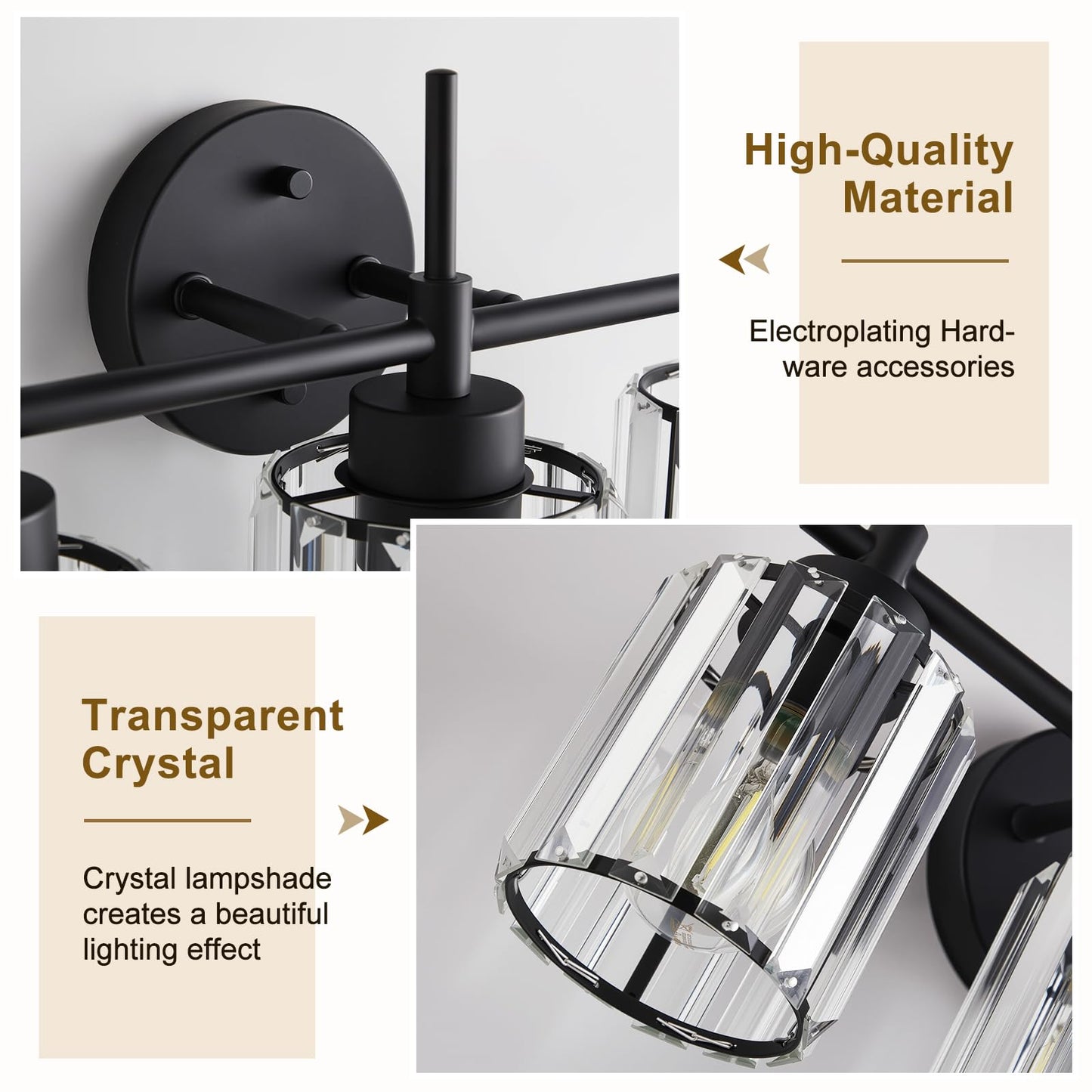EJIAXIN 3 Light Black Crystal Vanity Light, Modern Bathroom Vanity Light Over Mirror, Up and Down Mount Wall Sconce Lighting for Bathroom Bedroom Living Room Hallway