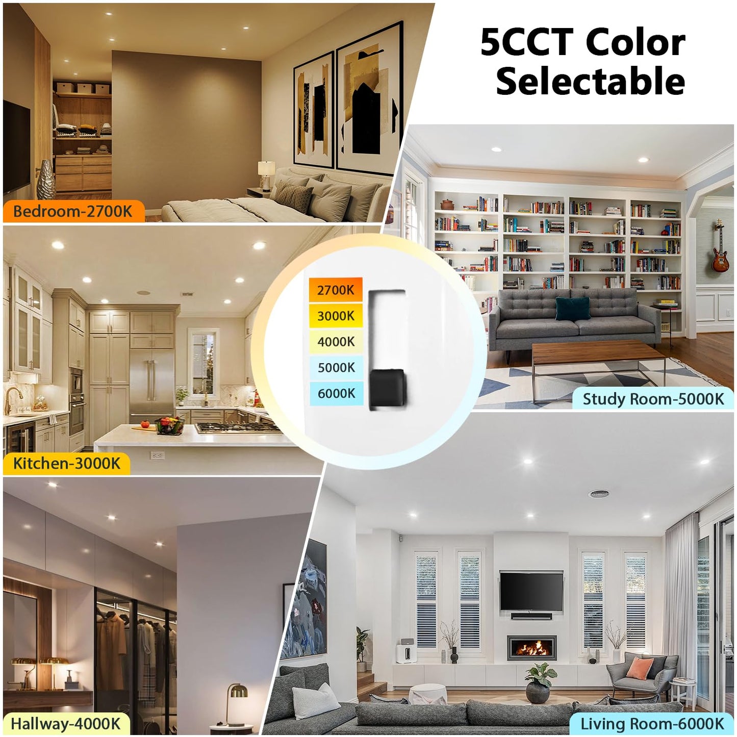 LVWIT LED Recessed Light 6Inch, Can Lighting Color Selectable 2700/3000/4000/5000/6000K 5CCT, 10W(120W Equivalent) Dimmable Downlight with E26 Conversion Kit, Retro Fit Ceiling Light Fixtures, 12 Pack