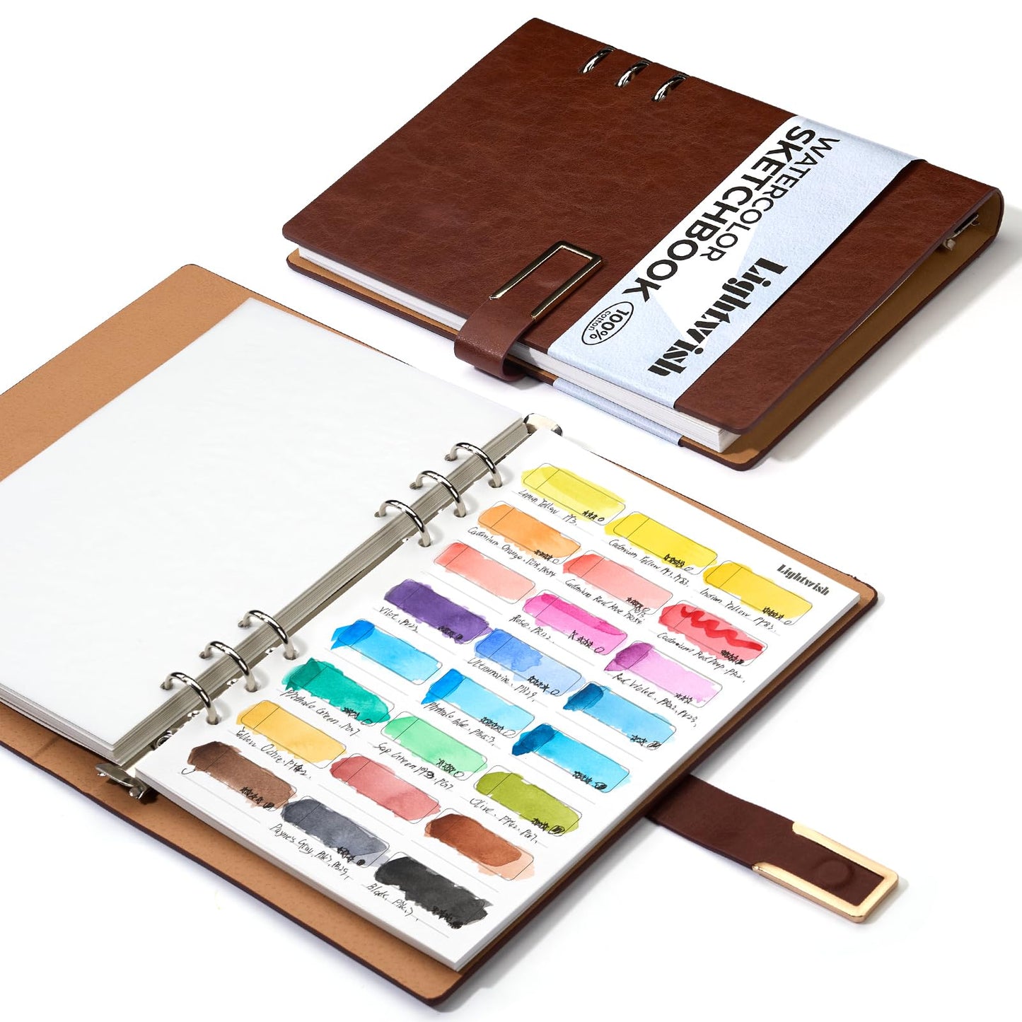 Lightwish Watercolor Swatch Book - 20 Detachable 100% Cotton Sheets 24 Spaces,5.8 * 8.2 in,300gsm/140lb Hot Press for Watercolor, Gouache, Oil Pastels - Loose-Leaf Binder Color Testing Journal
