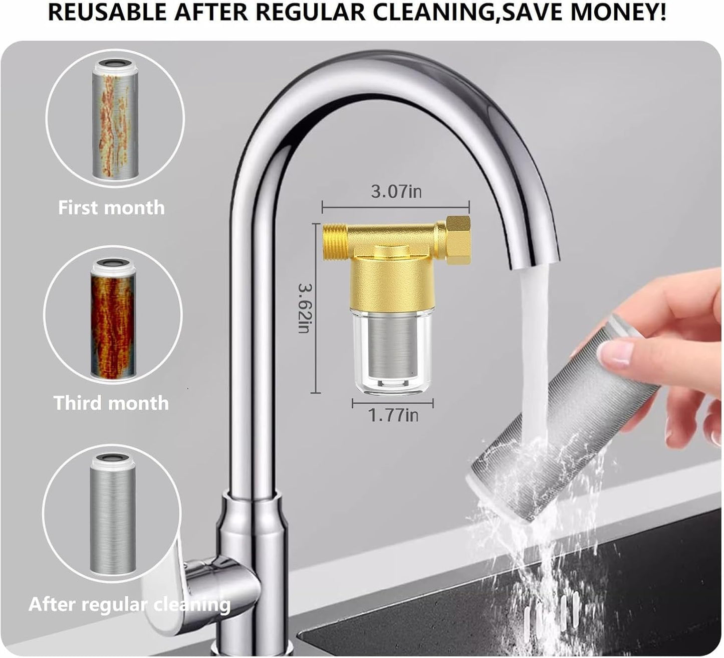 FA20 Brass Sediment Filter, Reusable Washer Water Filters, Traps Sand, Rust, 40 Micron Inline Water Filters for Washing Machines, Shower, Well