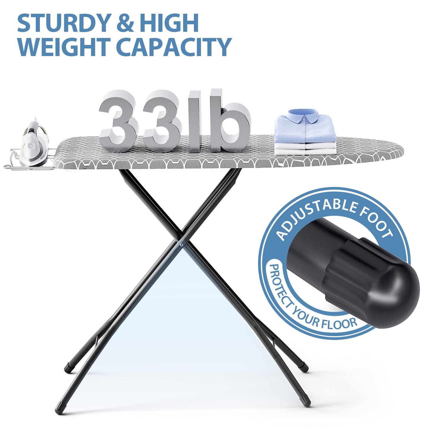 KINGBOARD Foldable Ironing Board Full Size, Iron and Ironing Board Set Standard Size, Iron Boards with Ironrest & Adjustable Height,Heavy Duty Iron Table Stand with Metal Legs &Thick Cover,43x13 Gray