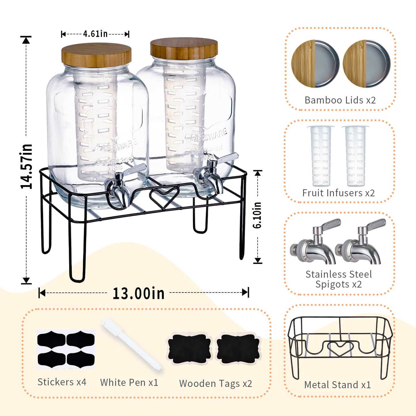 ShoreHao 2 Pack1Gallon Glass Drink Dispenser with Stand&Bamboo Lids&Fruit Infuser,304 Stainless Steel Leak-Proof Spigot,Beverage Dispenser for Parties,Water Sangria Juice Sun Tea Lemonade(Natural)