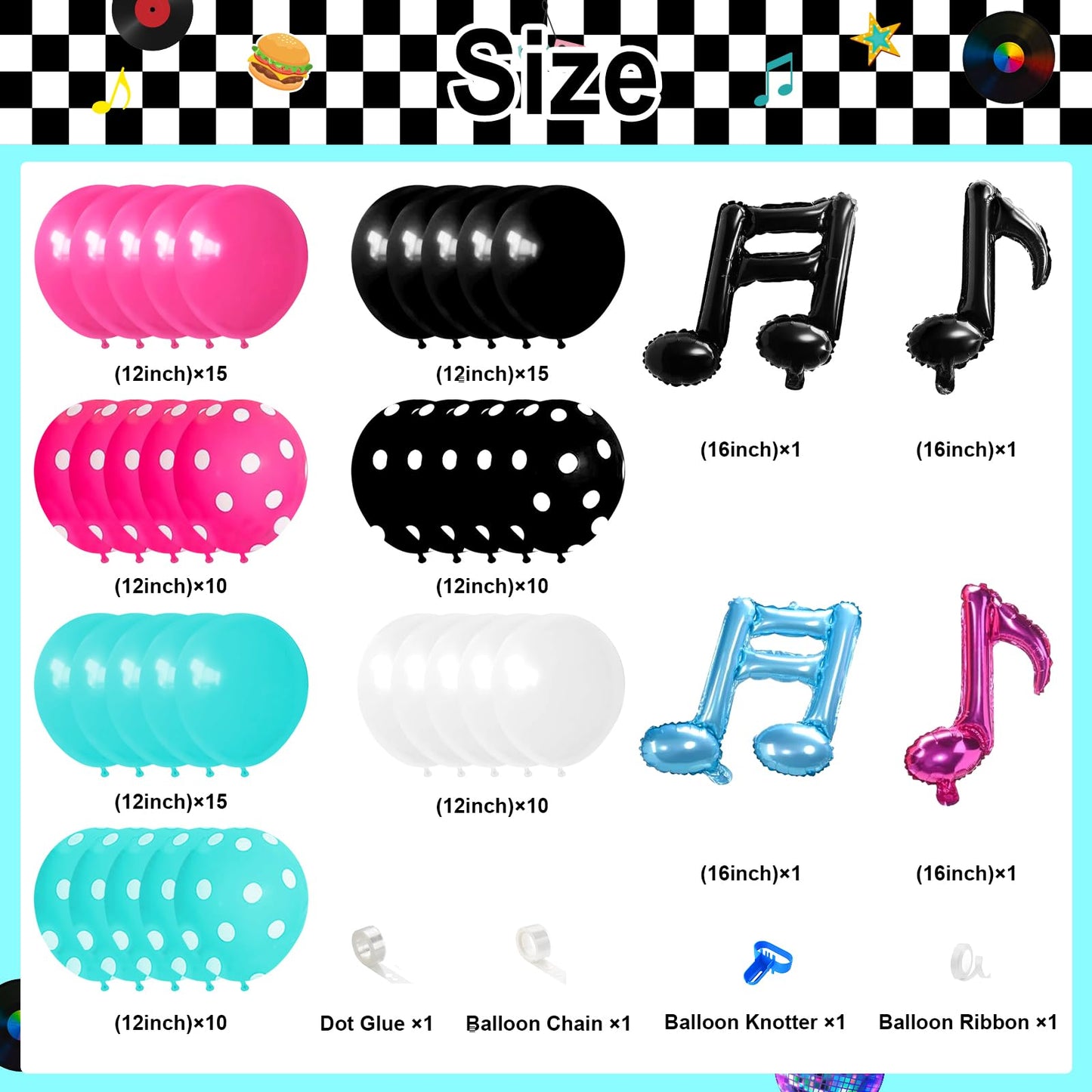 Lecheme 50s Party Decorations 280 PCS 50s Theme Party Decorations Sock Hop Backdrop Disco Balloons 50s Plates Napkins Cups Tablecloth Music Party Supplies Photo Booth Props