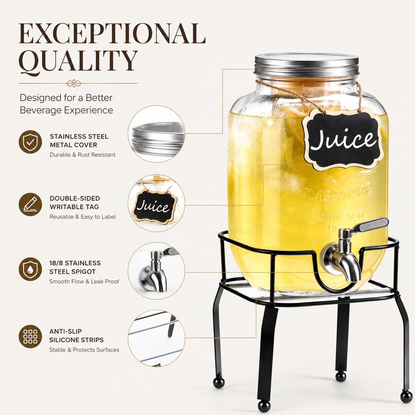 RuileMei 2 Pack1 Gallon Glass Drink Dispensers For Parties,Beverage Dispenser with Stand,304 Stainless Steel Spigot Leakproof,Lemonade Dispenser for Sun Tea, Homemade Juice