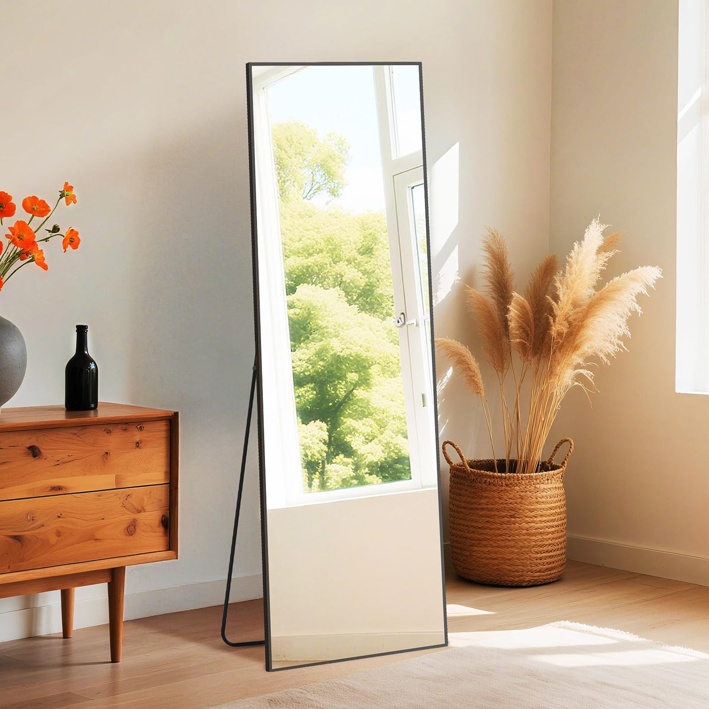 NEWBULIG Full Length Mirror, 59"x16" Full Body Mirror, Standing with Tempered Glass, Hanging or Leaning for Wall, Aluminum Alloy Thin Frame Floor Standing for Bedroom, Cloakroom, Black