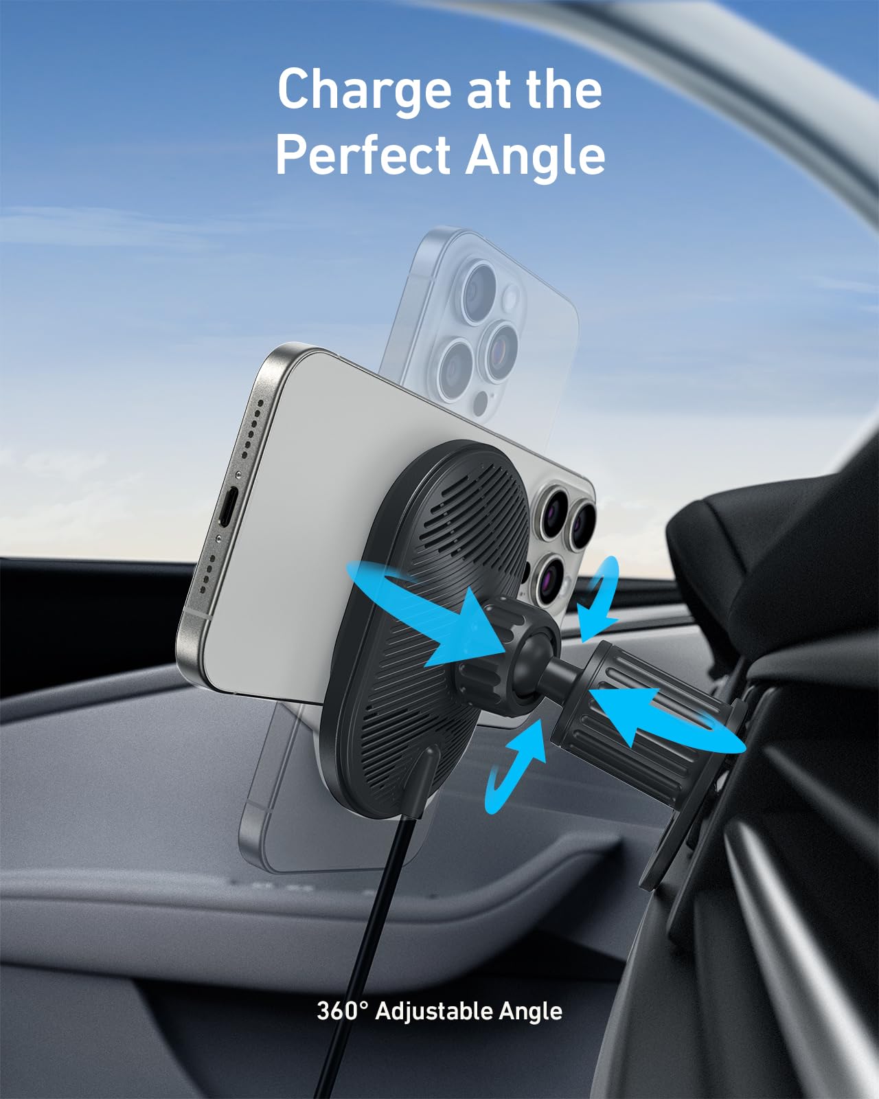 Anker MagSafe iPhone 16 Wireless Car Charger Compatible, MagGo 15W Fast Car Charger, 360° Adjustable Angle and Strong Magnets, Car Phone Holder Mount, For iPhone 16/15/14 Series (Adapter Included)