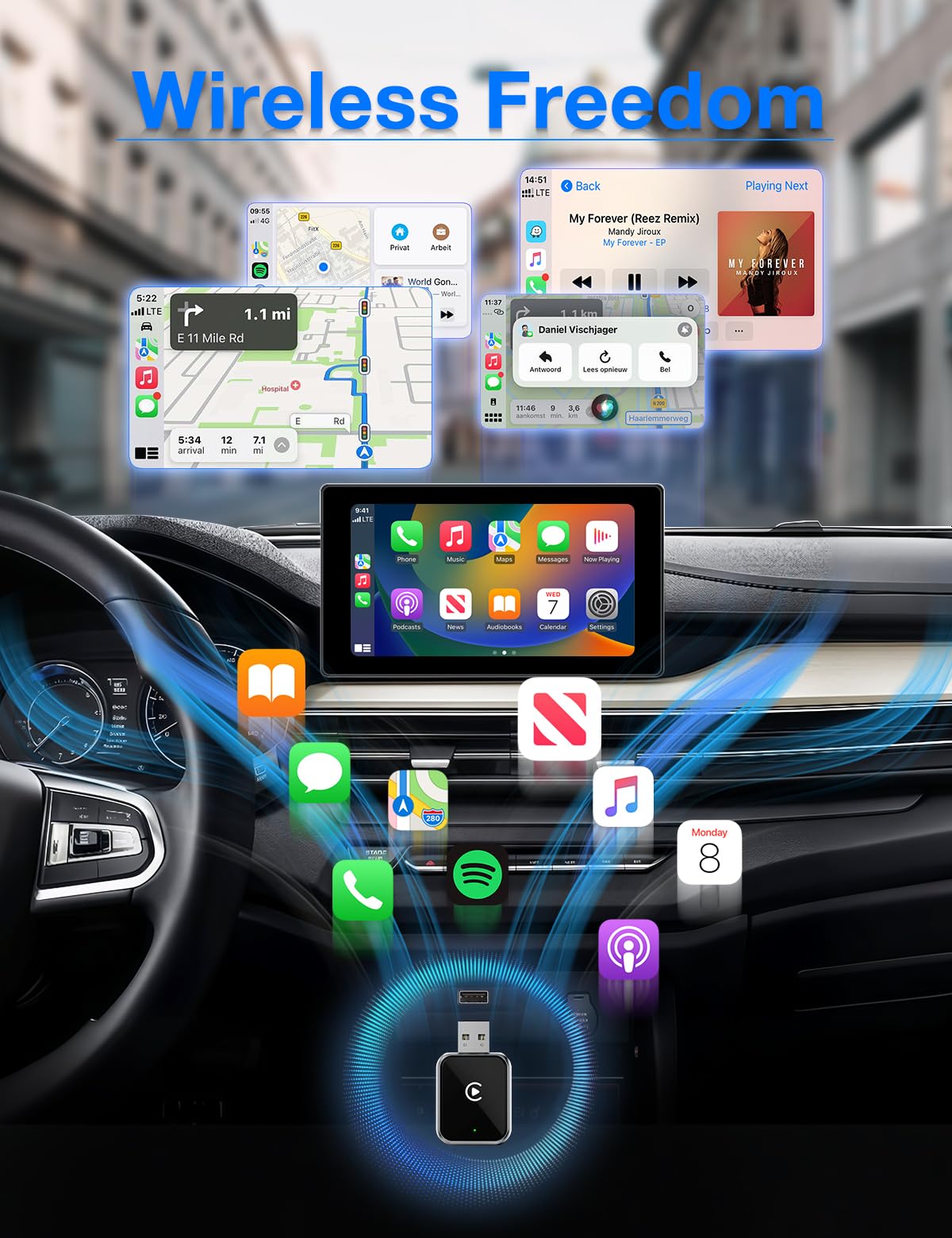 HUSHSPOOL Carplay Wireless Adapter Compatible with Apple - Convert Wired to Wireless Carplay Adapter for iPhone(2025 Upgraded), Fast Auto Connection No Delay Mini Size with Extension Cable USB & USB-C