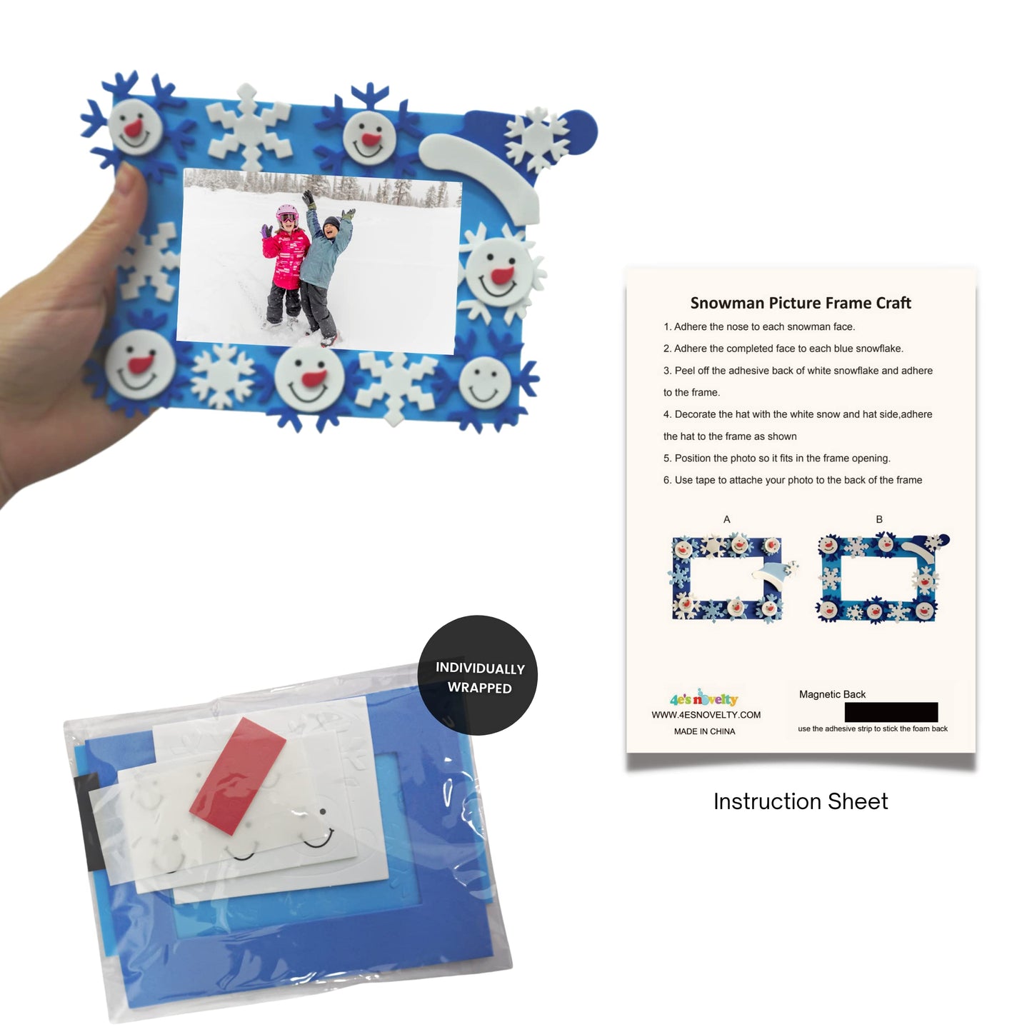 4E's Novelty Foam Snowflake Picture Frame Craft (12 Pack) Bulk Christmas Winter Crafts for Kids Toddlers 3-12, Individually Wrapped Arts & Crafts for Classroom
