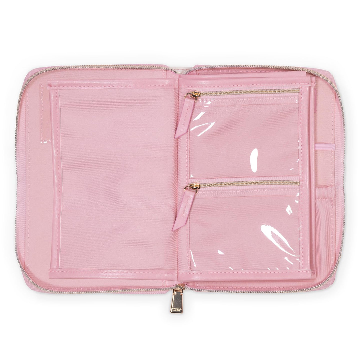 kate spade new york Travel Jewelry Folio, 8.5" x 6" Organizer with 8 Zippered Pockets, Necklace Tabs & Tracker Pocket, Leatherette Case with “For Safe Keeping” Quote (Goddess Stripe)