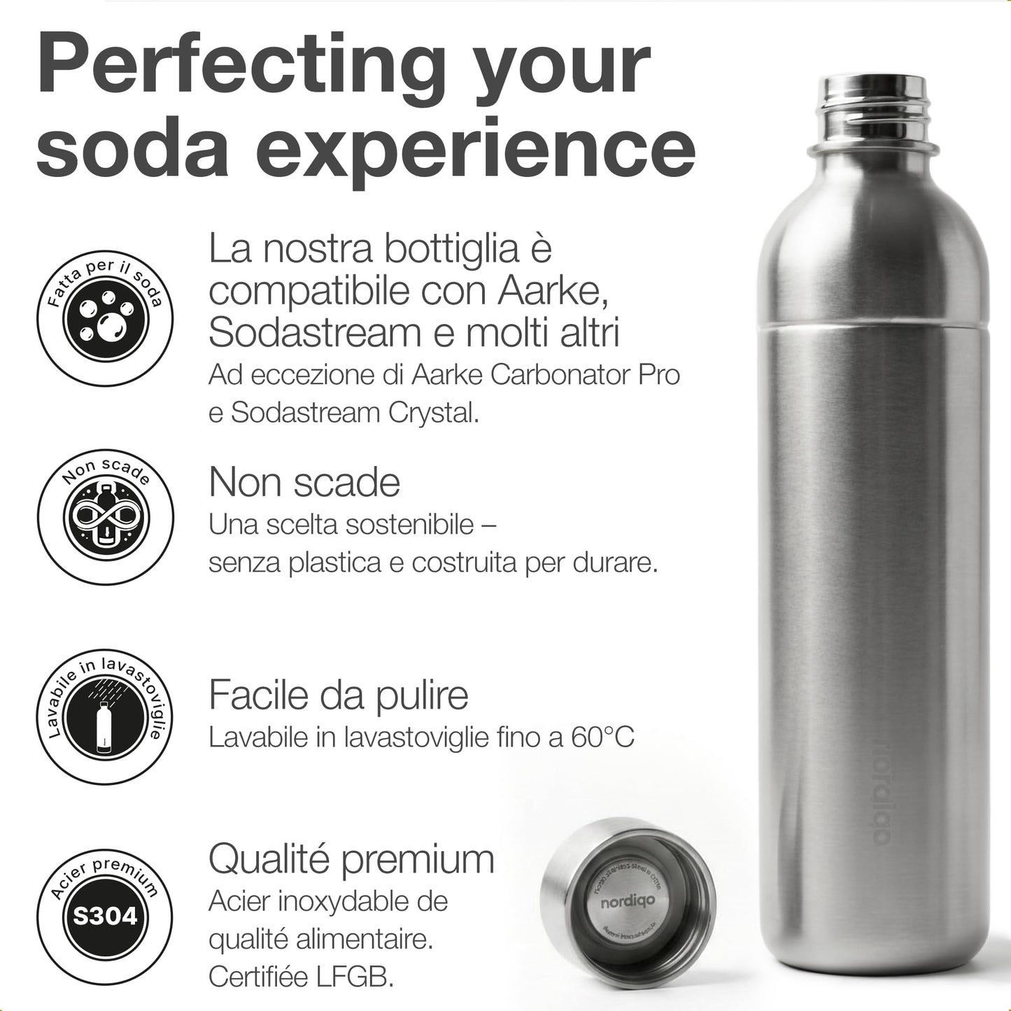 Nordiqo Premium 33 oz Stainless Steel Bottle | Compatible with Aarke Carbonator 3, SodaStream Duo & Plastic Bottle | No Expiry | Plastic-Free | 2x Steel