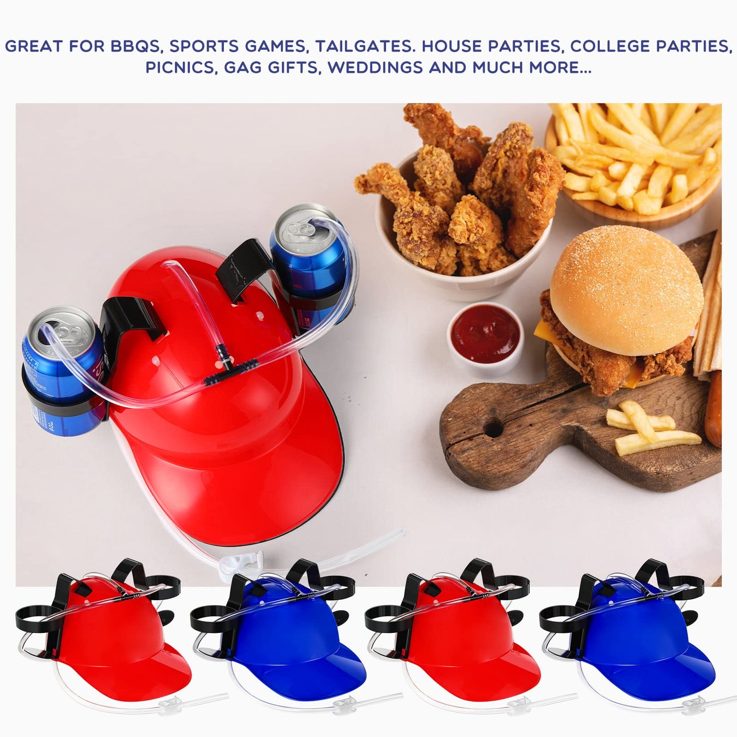 Sureio 6 Pieces Juice Helmet Can Holder Soda Hat Beverage Helmet with Straw Funny Hat for Men Women Adults Party Supply(Red Blue)