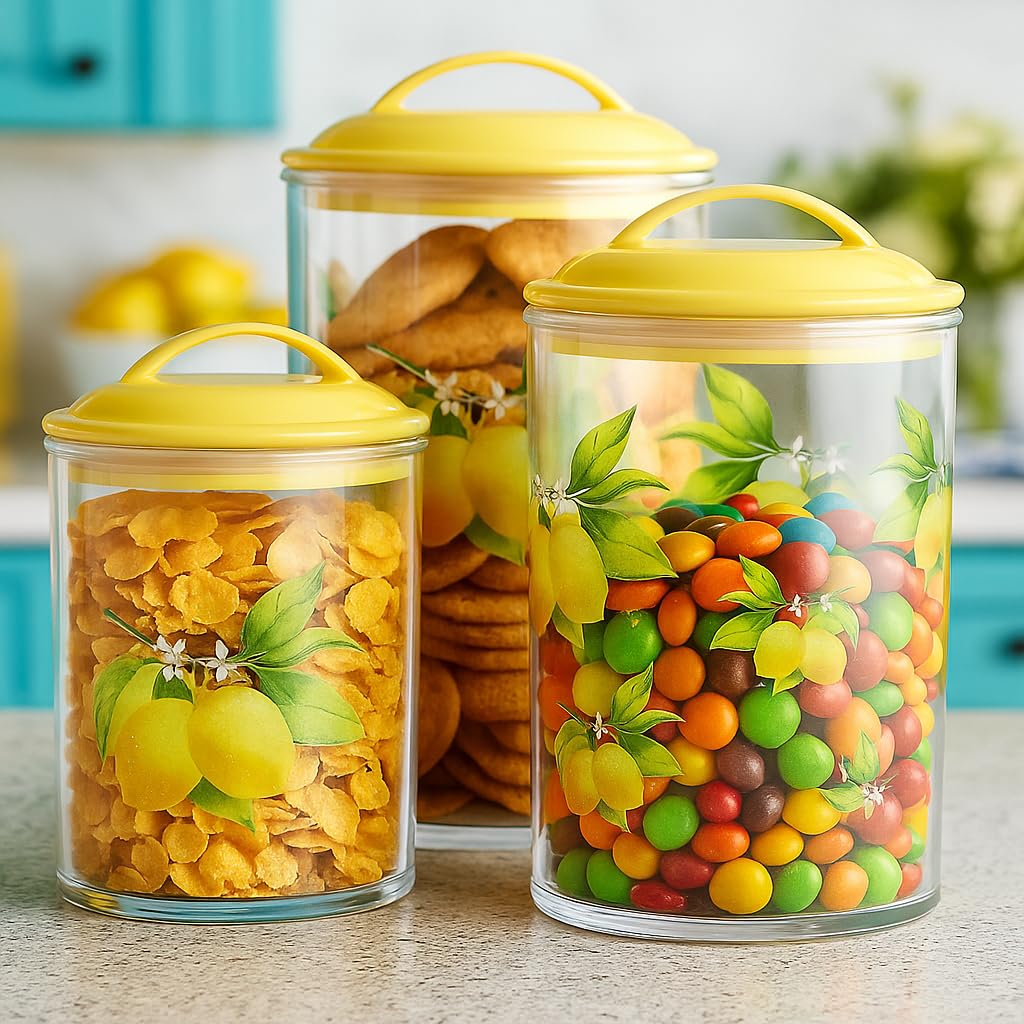 Food Storage Containers, BPA Free Airtight Canisters for Cereal, Pasta, Sugar, Coffee, Flour, Cookies, Loose Tea, for Kitchen Organization, Set of 3 by Reston Lloyd, Fresh Lemons