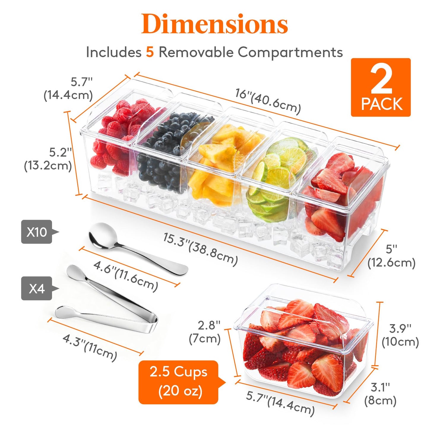 Lifewit 2 Pcs Ice Chilled Condiment Caddy with 5x 20 oz Containers, Condiment Server with Lid & Metal Accessories, Serving Tray Platter with Removable Dishes for Bar, Fruit, Salad, Taco, Party Garnish