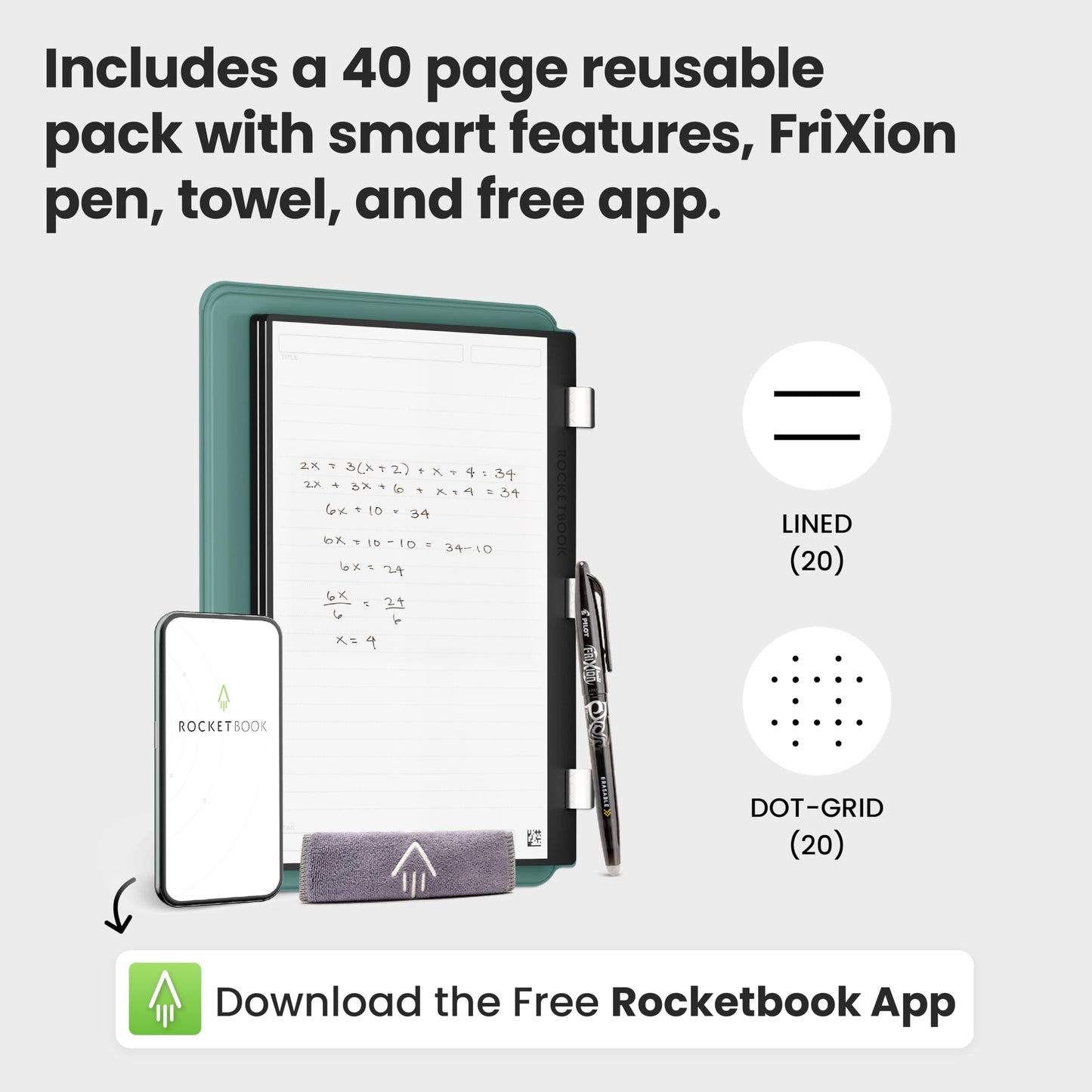 New Rocketbook Pro 2.0 Smart Notebook | Green | Scannable Office Notebook with 20 Sheet Page Pack - Lined and Dot Grid | Hardcover Vegan Leather Reusable Notebook with 1 Pilot Frixion Pen & 1 Microfiber Cloth | Letter Size: 8.5 in x 11 in