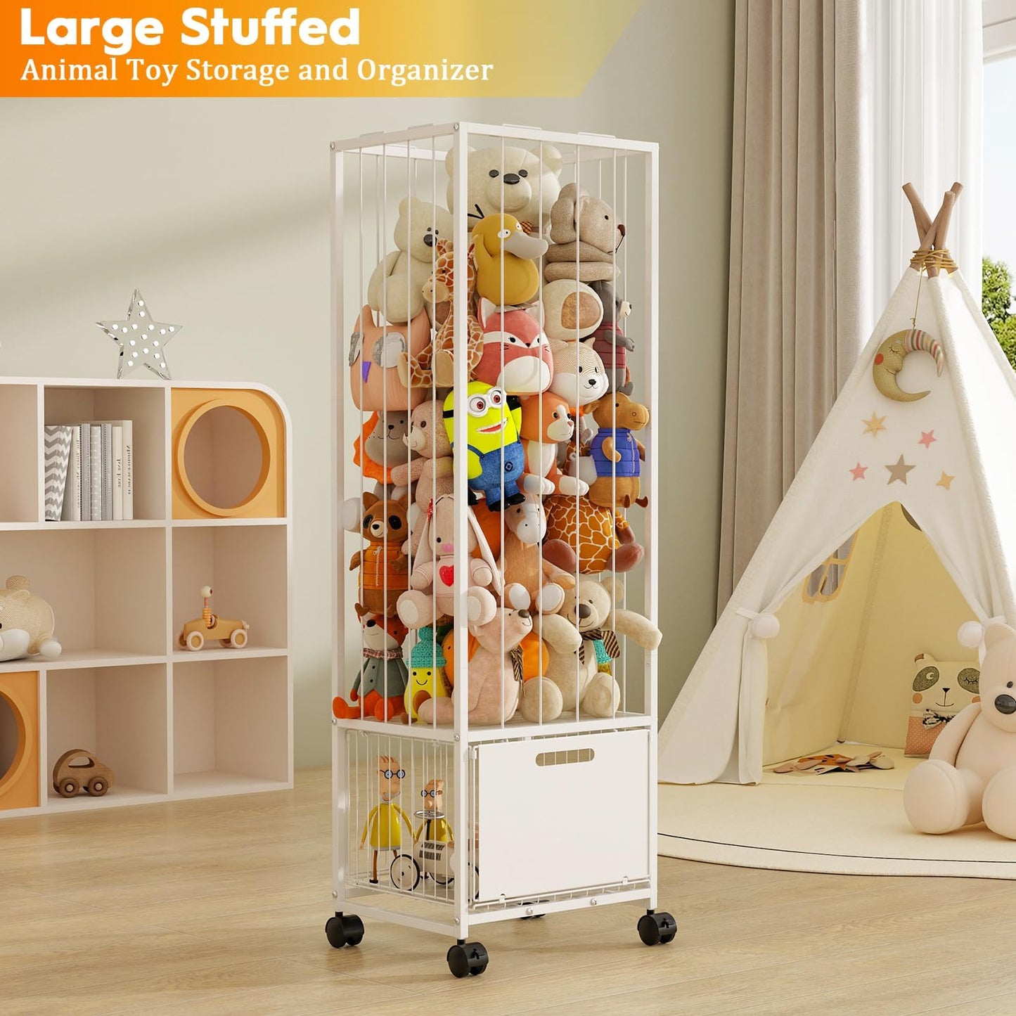 BUKFEN Metal Stuffed Animal Storage Zoo Toy Organizer - Large Capacity Plush Holder with Adjustable Elastic Cords & 4 Wheels, Vertical Space-Saving Design for Kids Nursery Playroom Bedroom,White
