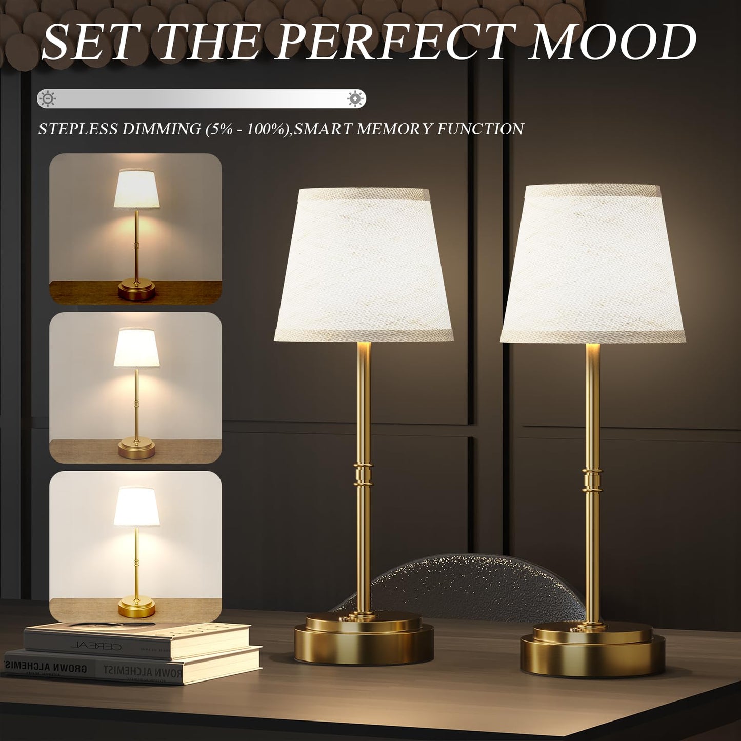 Cordless Table Lamp Rechargeable - Portable LED Desk Lamp for Dining Room,Bedroom,Patio - 2-in-1 Adjustable Height (16"/11") Touch Light - Stepless Dimmable(Warm White) (Antique Brass, 2 Pack)