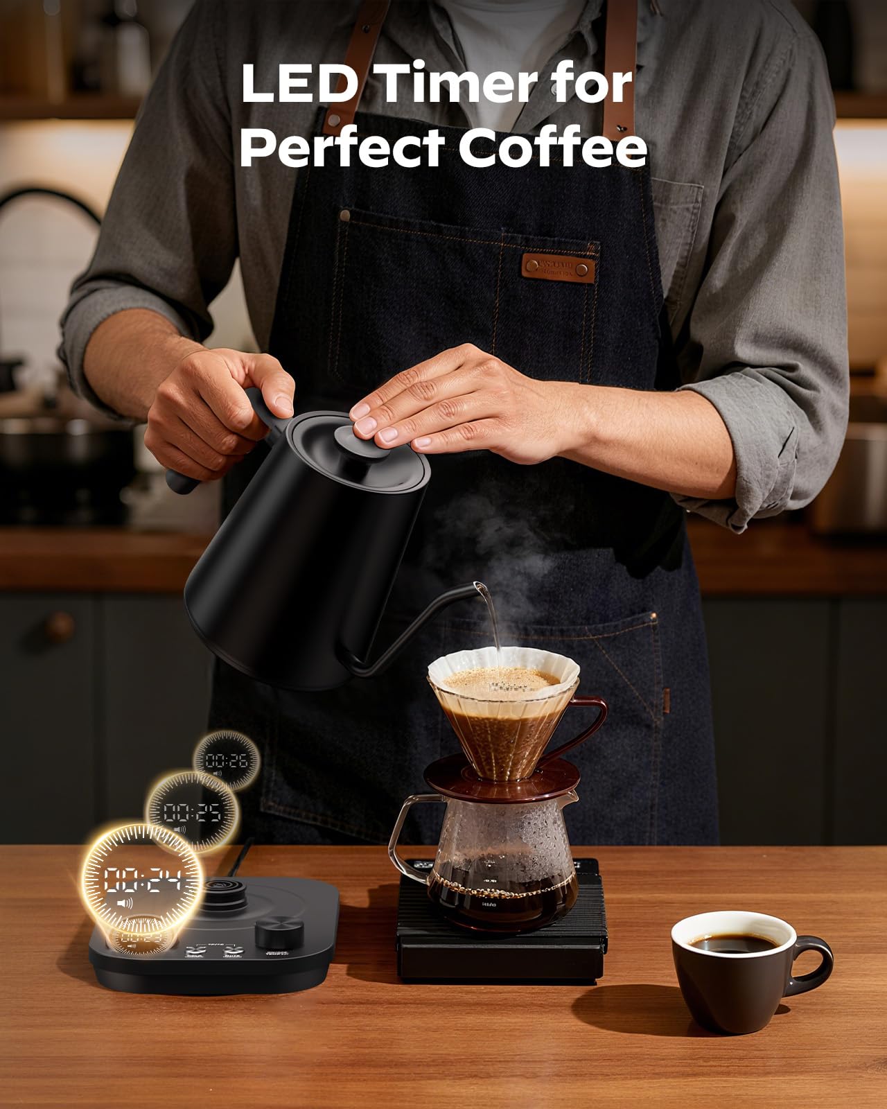 Silonn Electric Gooseneck Kettle - ±1°F Precise Temp Control, 0.9L 304 Stainless Steel | 4-Hour 100°C Keep Warm, 7 Presets & LED Brew Timer for Pour-Over Coffee