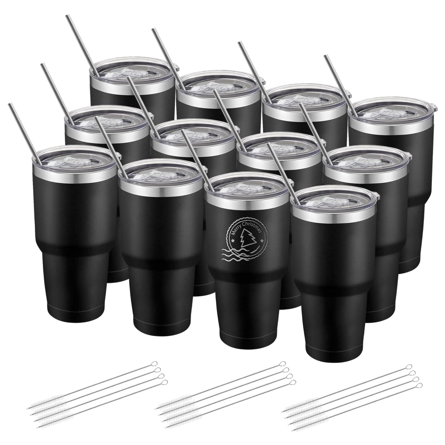 YOUKE OLA 12 Pack Insulated Tumbler Powder Coated Stainless Steel Double Wall Vacuum Travel Coffee Tumbler Cup with Lid and Straw for Laser Engrave DIY Gift 30oz Black