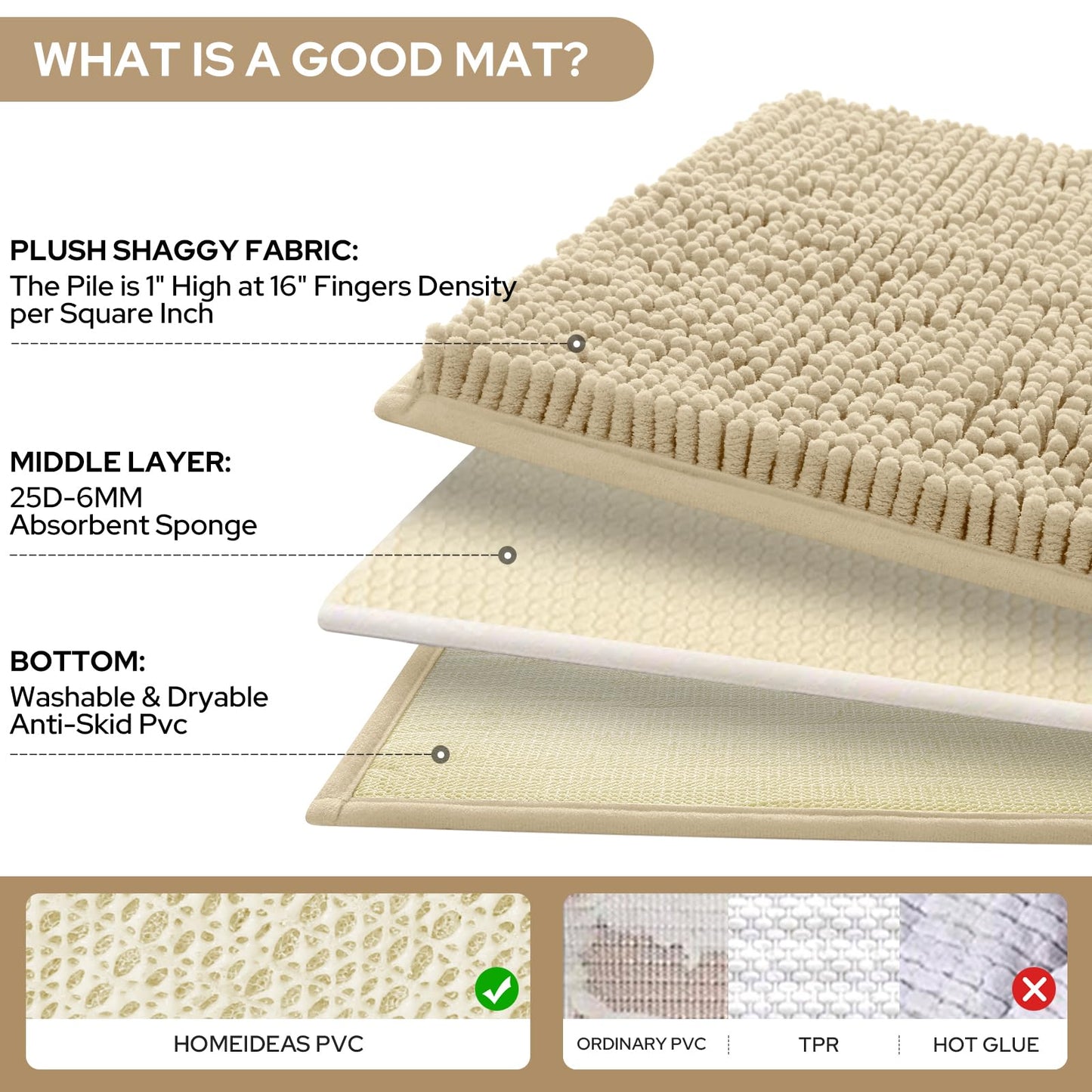 HOMEIDEAS 3 Pieces Bathroom Rugs, Ultra Soft Non Slip Absorbent Chenille Toilet Bath Mat Set (Beige)