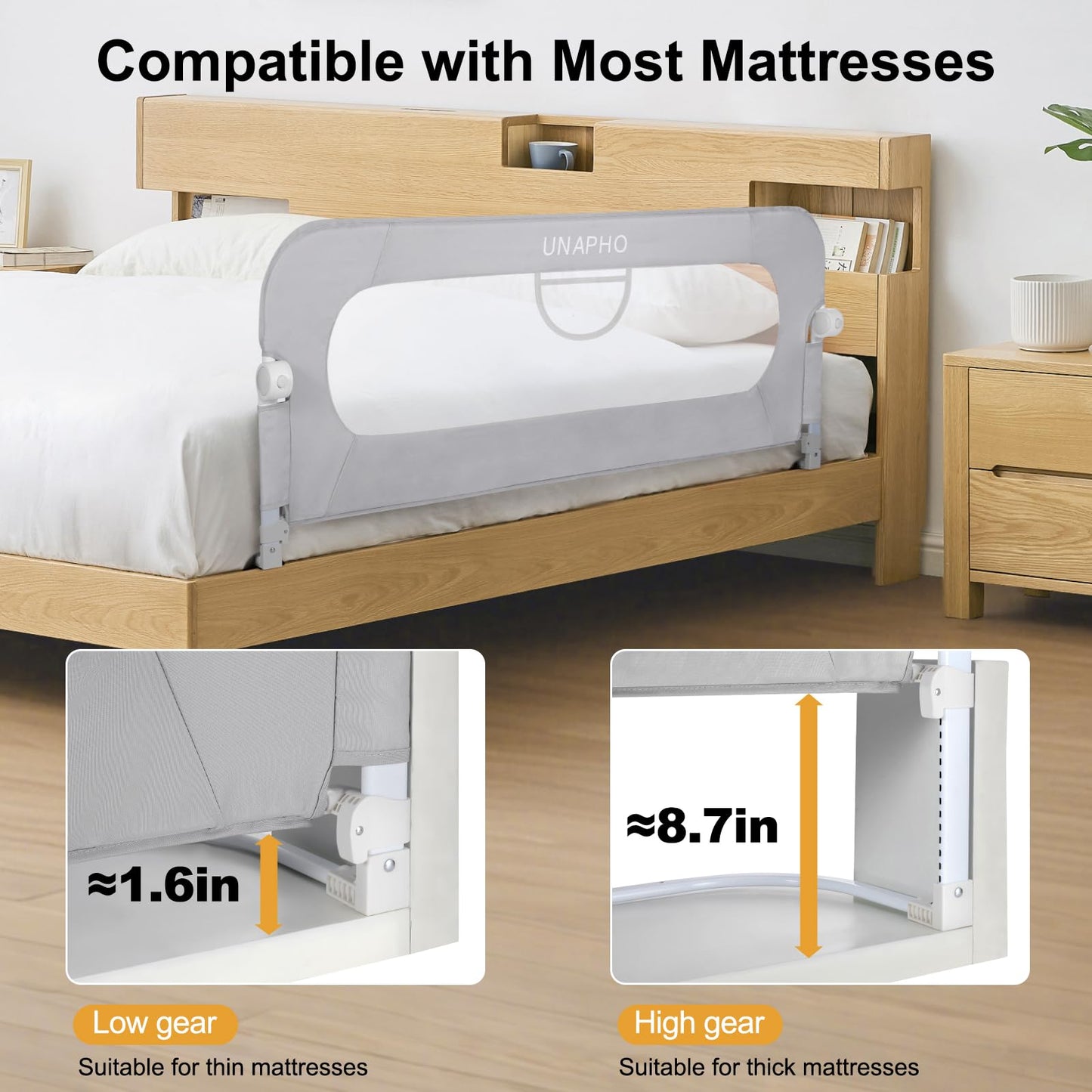 UNAPHO Bed Rail for Toddlers,Swing Down Kids Bed Rails Guard for Twin,Full,Queen,Bunk Size Bed,Extra Tall Child Bed Rail Guard with Reinforced Anchor Safety System,Grey