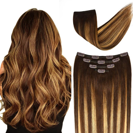 14" Clip in Hair Extensions Balayage Human Hair for Women - 4pieces Silky Straight Chocolate Brown to Honey Blonde Highlight Brown Ombre Hair 50grams #(4T27) P4 Color