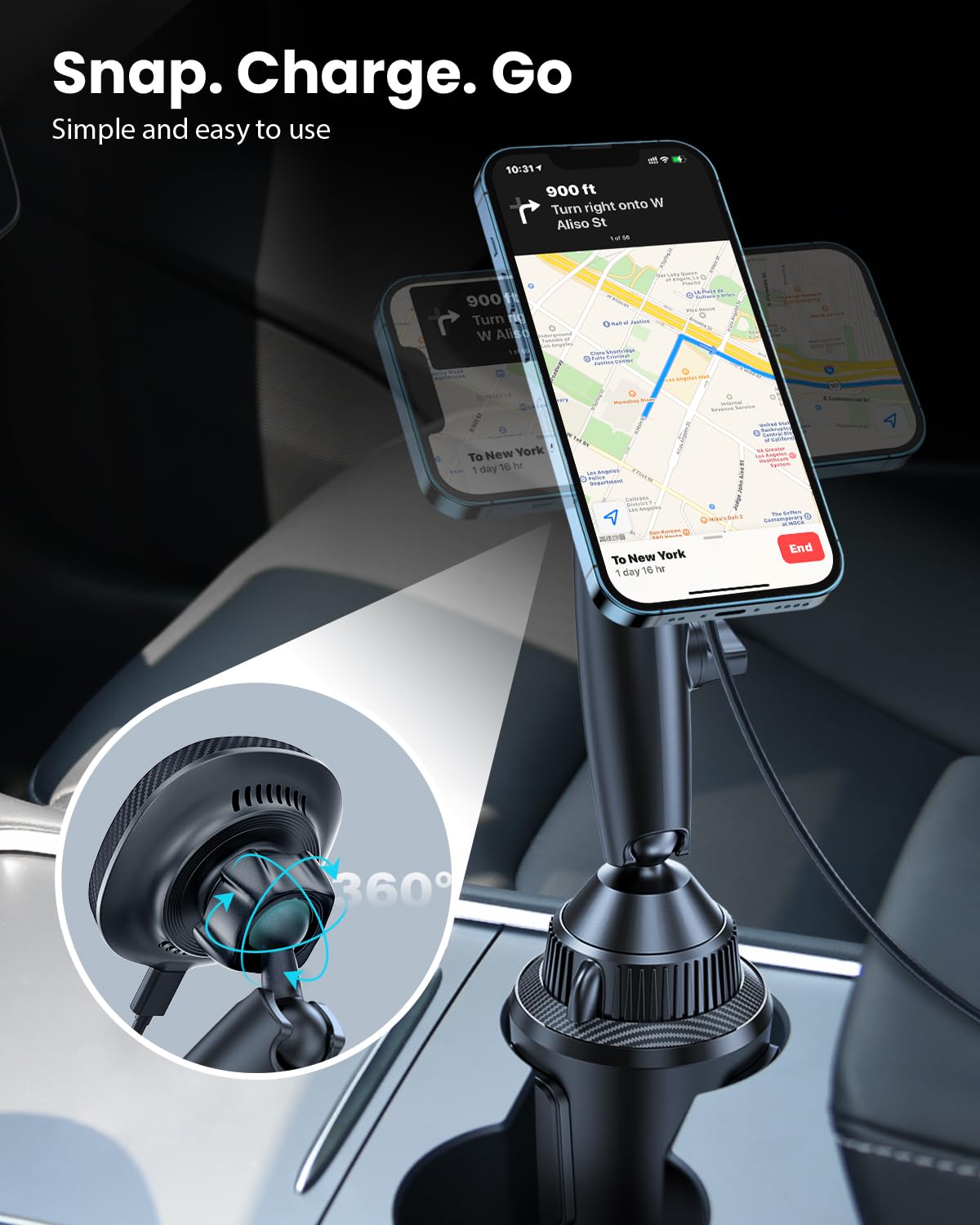 EXELIQ Cup Holder Charger Mount for Magsafe, Wireless Magnetic Car Mount Charger with Heat Dissipation System, Fast Charging Phone Holder for iPhone 17 16 15 14 13 Pro Max Mini [with QC 3.0 Adapter]