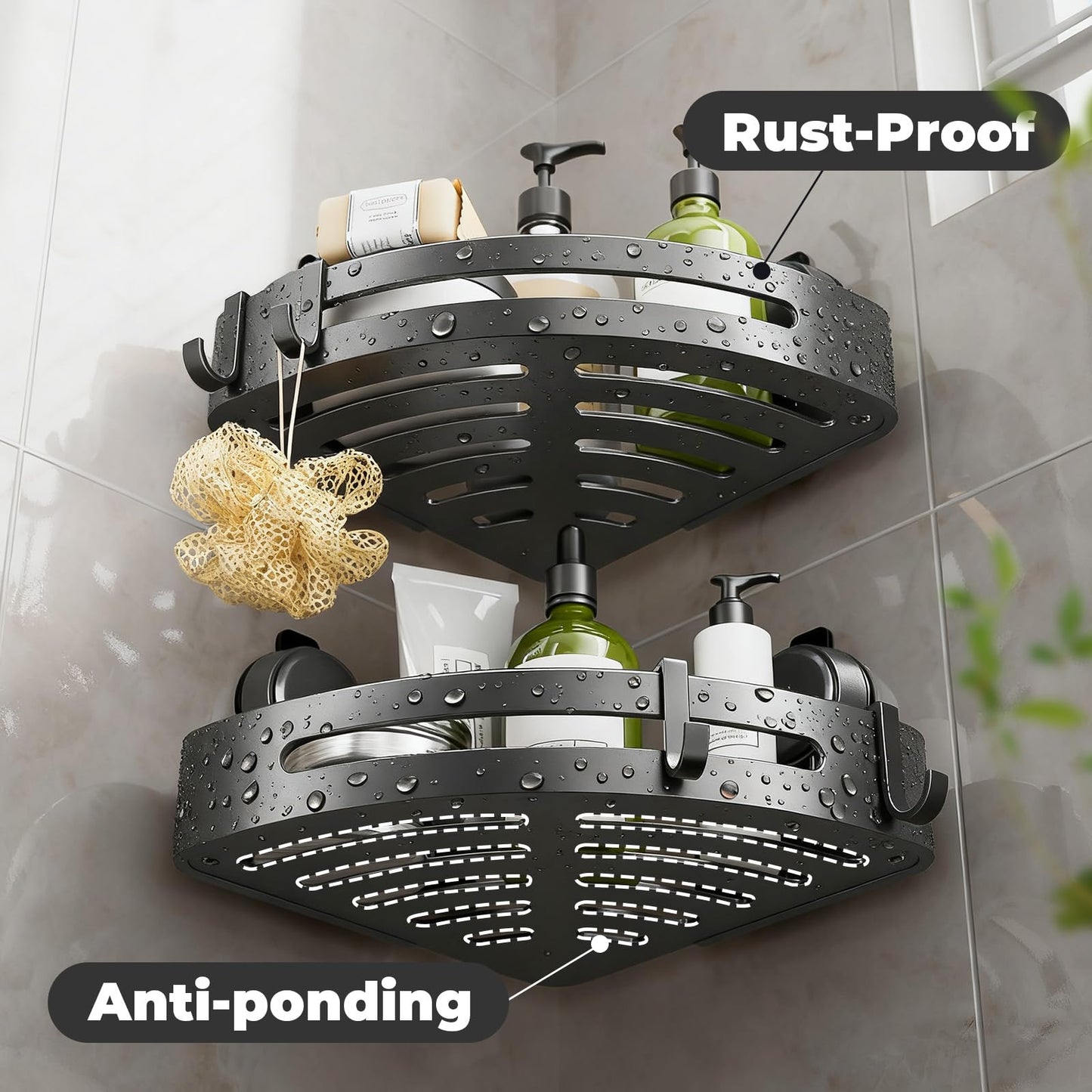 ONXE Shower Caddy Corner,Suction Cup Shower Caddy with Hooks,No Drilling Rustproof Aluminum Bathroom Organizers and Storage,Shelves for Bathroom Accessories Decor (3)