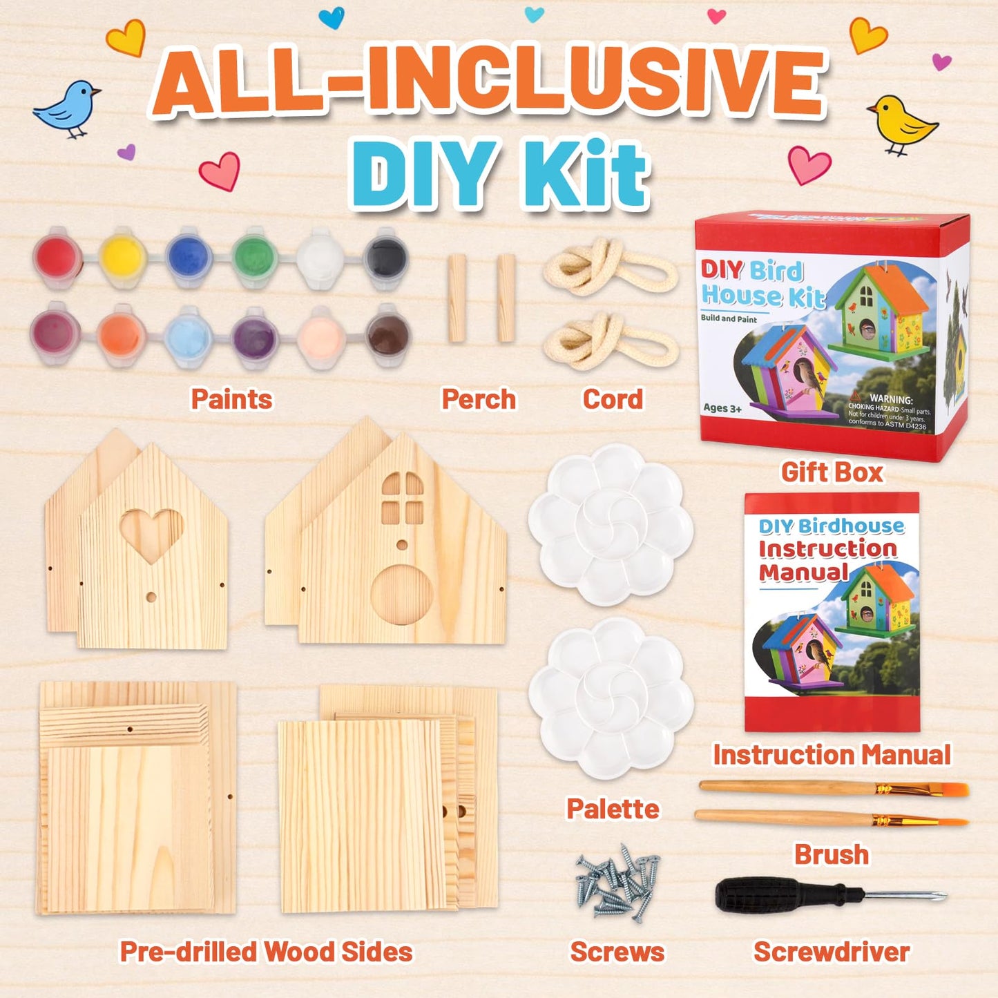 AluAbi 4 Pack DIY Bird House Kit, Thickened Wooden Birdhouse Crafts for Kids with Paints Brushes Screwdriver, DIY Arts and Crafts for Children, DIY Birdhouse Set for Halloween Christmas Birthday