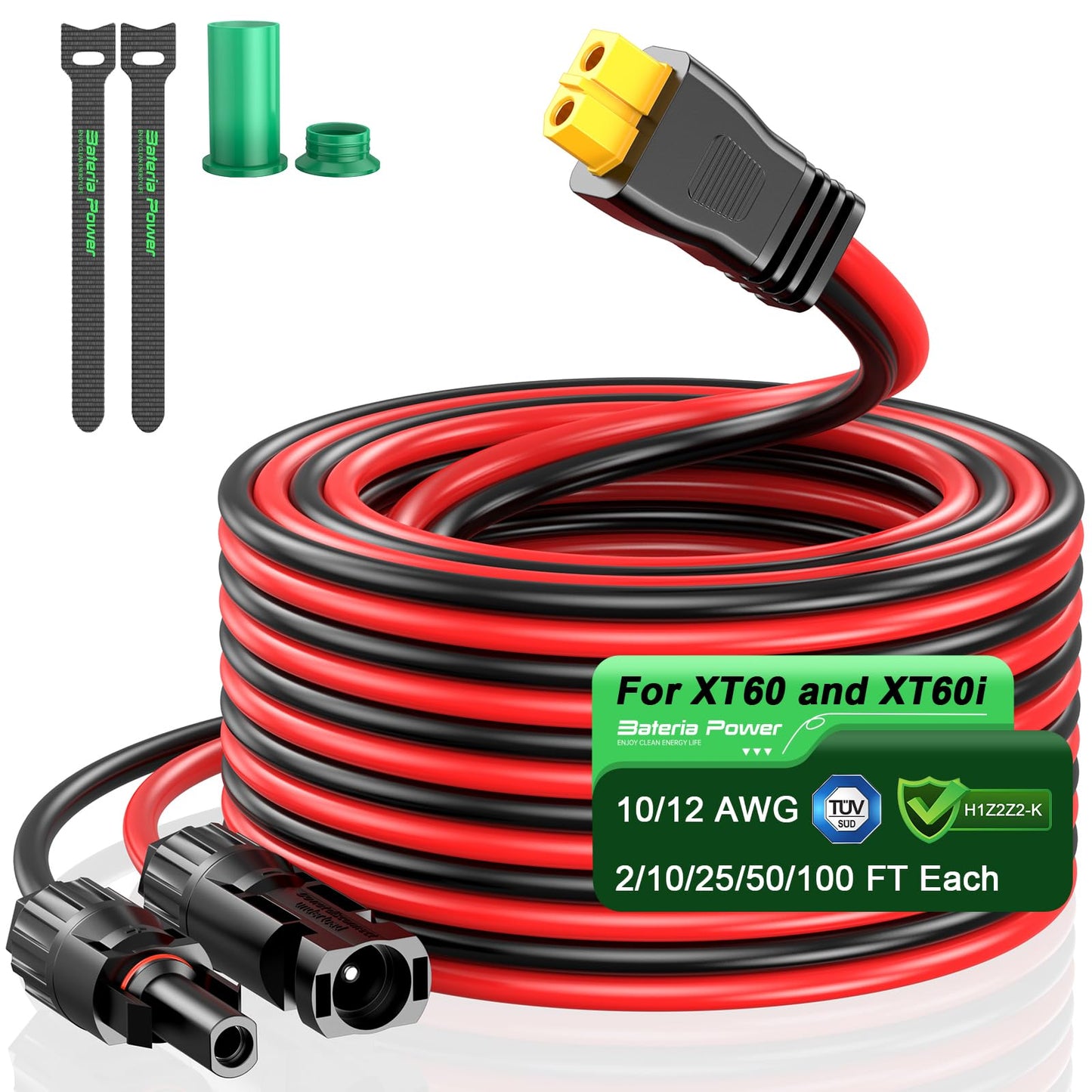 Bateria Power Solar to XT60 Charge Extension Cable with Solar Connectors Caps, Combined Wire Solar Connector to XT60 Adapter Cable for Solar Panel to Battery RV Power Station Generator 10AWG 50FT
