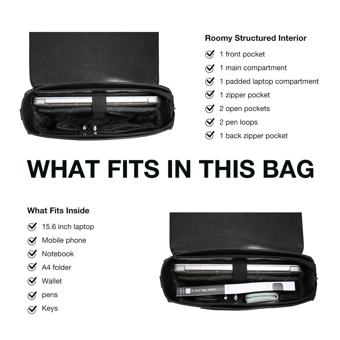 ECOSUSI Women's Briefcase Vegan Leather 15.6 inch Laptop Bag for Work Computer Shoulder Satchel Bag with Detachable Bow, Black