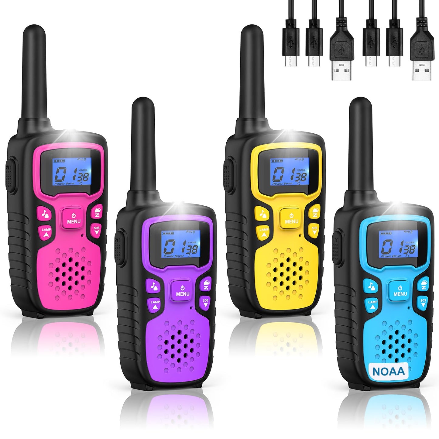 Wishouse Walkie Talkies for Kids Rechargeable Long Range,Xmas Birthday Gift for 4 5 6 7 8 9 Year Old Boys Girls,Hiking Gear Camping Games Cool Toys with NOAA,SOS Siren,Lamp,Lanyards,Easy to Use,4 Pack