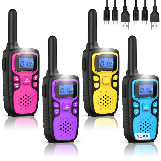 Wishouse Walkie Talkies for Kids Rechargeable Long Range,Xmas Birthday Gift for 4 5 6 7 8 9 Year Old Boys Girls,Hiking Gear Camping Games Cool Toys with NOAA,SOS Siren,Lamp,Lanyards,Easy to Use,4 Pack
