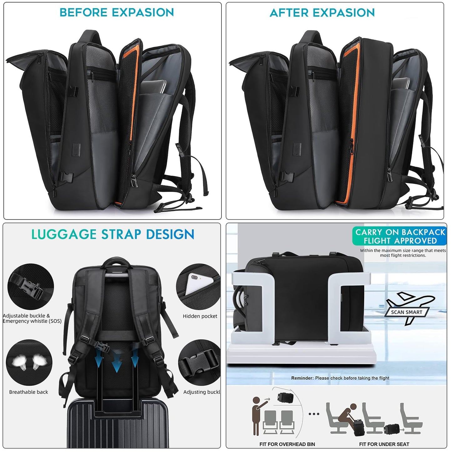 TANGCORLE Travel Carry on Backpack 50L Expandable Flight Approved Backpacks 17.3 inch Laptop and USB Charging Port bags Water Resistant Business Back Pack for Women & Men