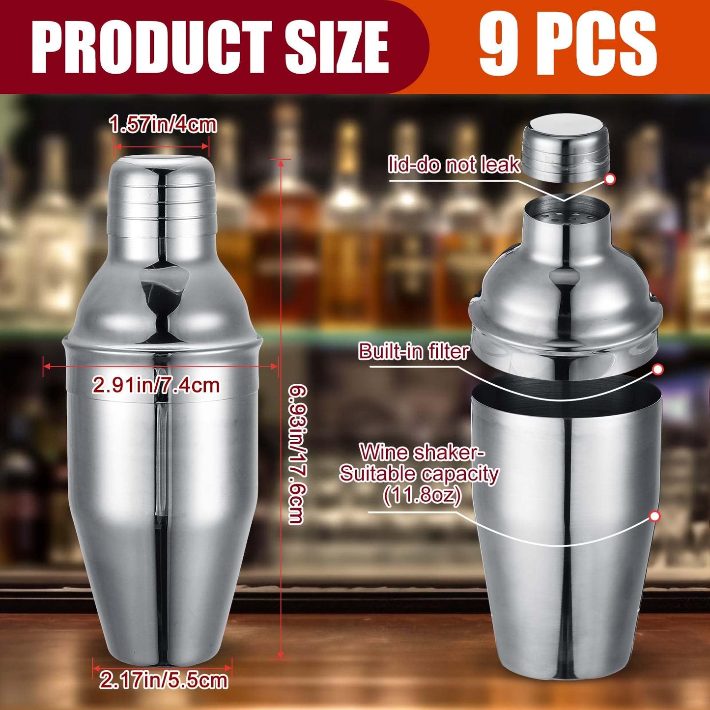 Nitial 9 Pcs Bar Cocktail Shaker Professional Stainless Steel Martini Drink Mixer with Built-in Strainer for Bartending No Leaks Boston Shaker for Bar Party Drink Mixing Tool(11.8 oz)