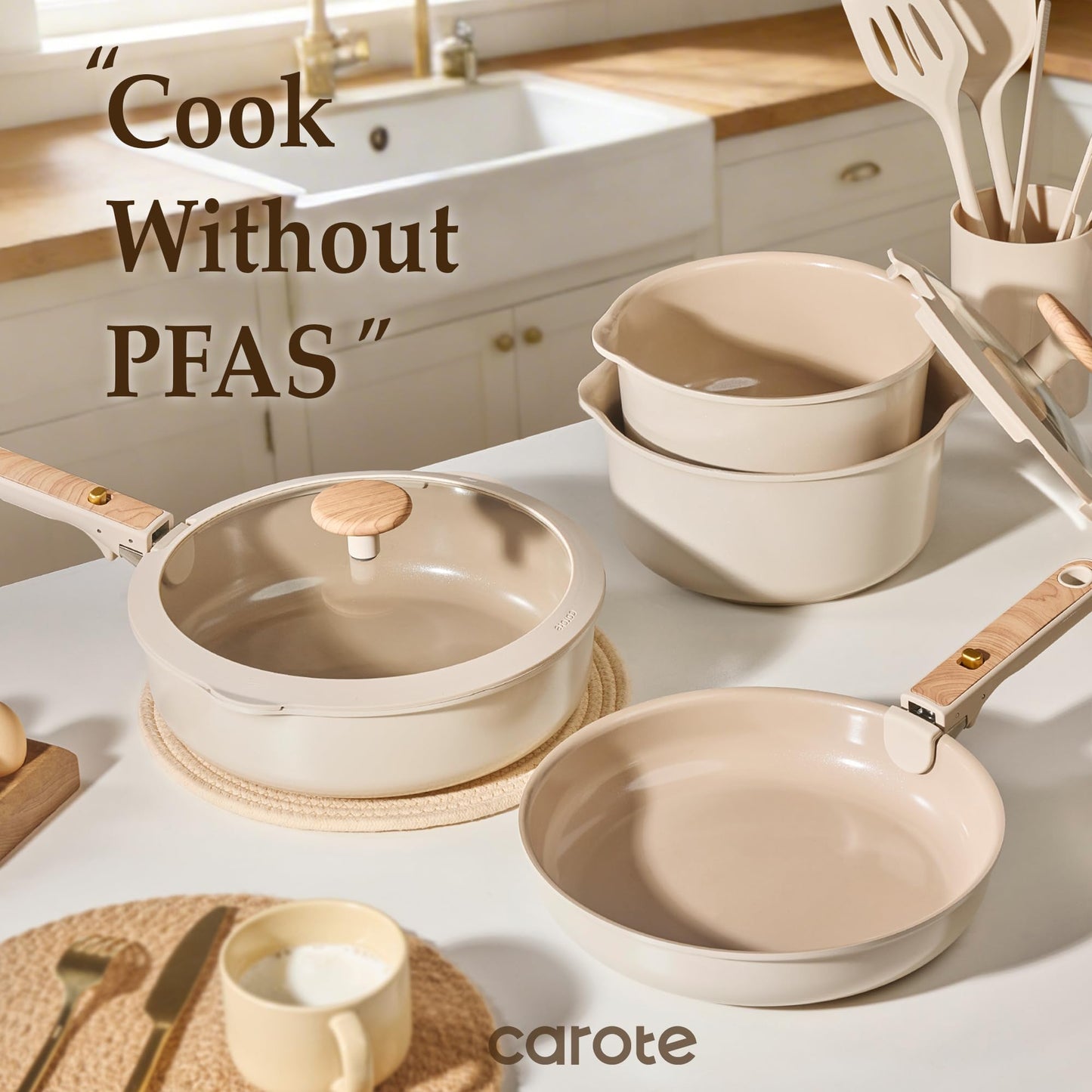 CAROTE Ceramic Pots and Pans Set, Cookware Set Detachable Handle, 19 Pcs Induction Kitchen Cookware Sets Non Stick with Removable Handle, RV Cookware Set, Oven Safe, Elegant White, Mothers Day Gifts