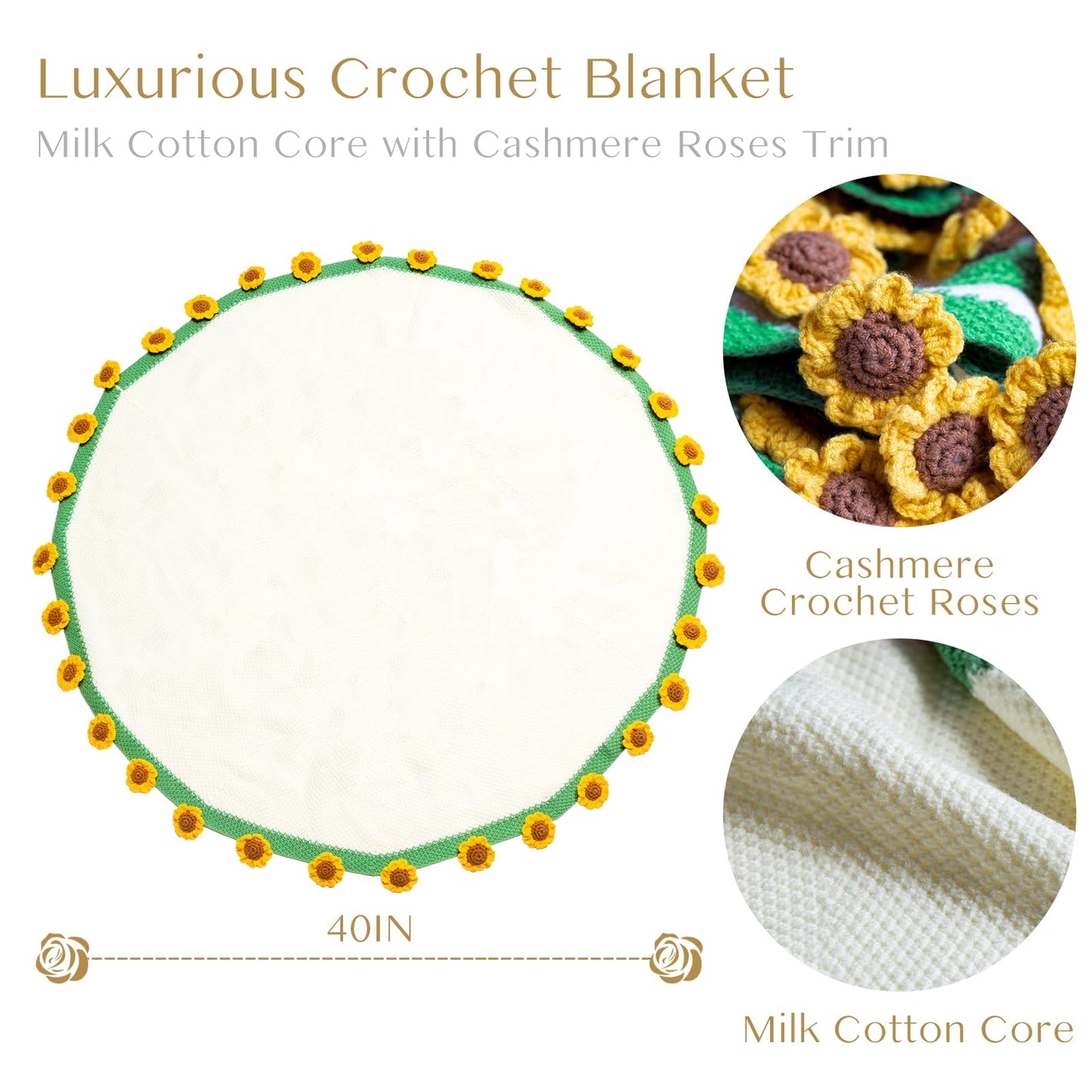 EIGHTOWN 43'' Crochet Sunflowers Rose Bouquet Blanket Finished - Handmade Knitted Throw Blanket - Home Décor Ideal Gift for Mom - Mother's Day Birthday Valentine's Day (Sunflower)
