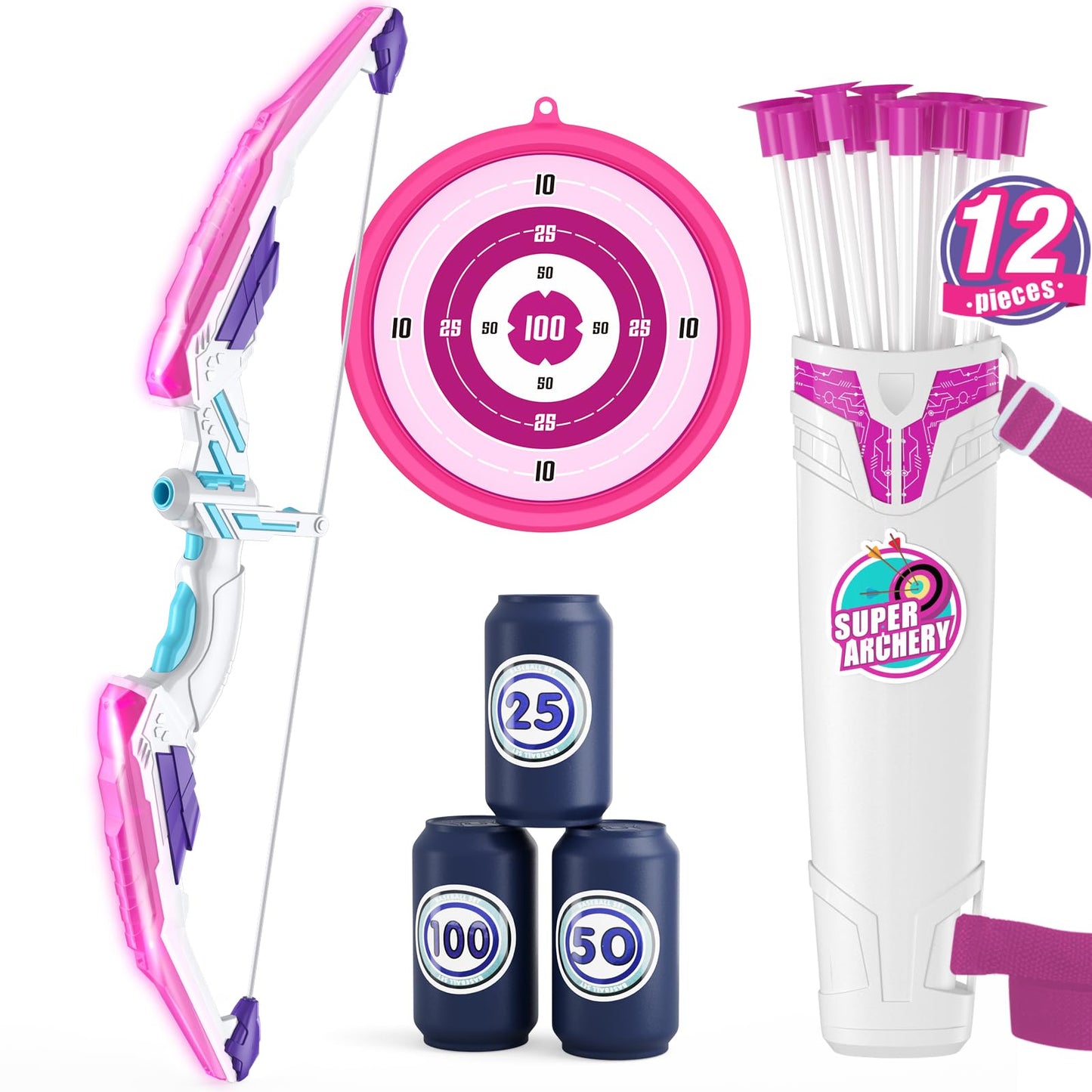 HYES Bow and Arrow for Kids, LED Light Up Archery Set with 12 Suction Cup Arrows, 3 Score Targets, 1 Hanging Target & Quiver, Indoor Outdoor Sport Toys Gifts for Girls Boys Ages 4-12, Purple